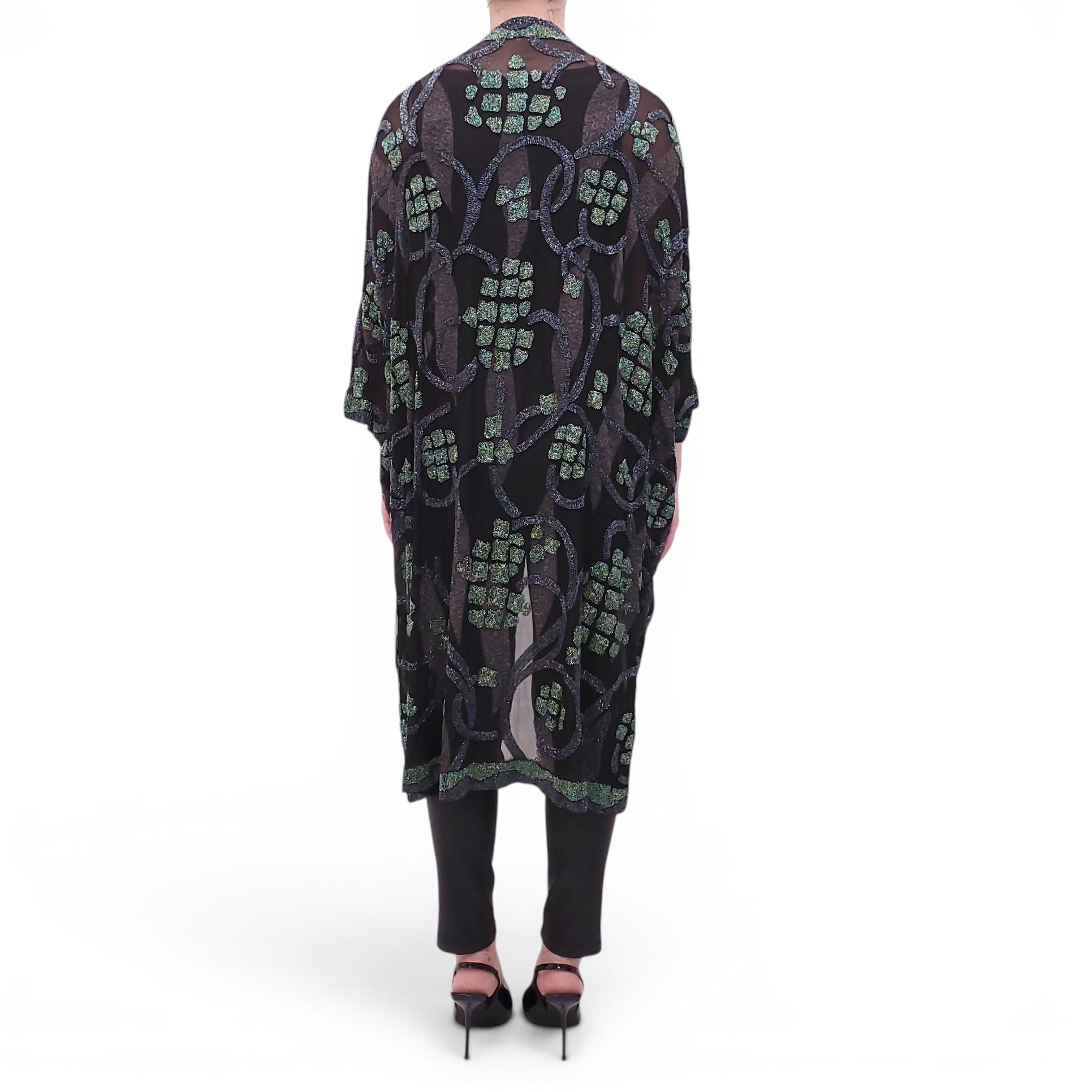 VINTAGE BLACK SHEER CARDIGAN WITH GREEN AND PURPLE BEADING - SIZE L