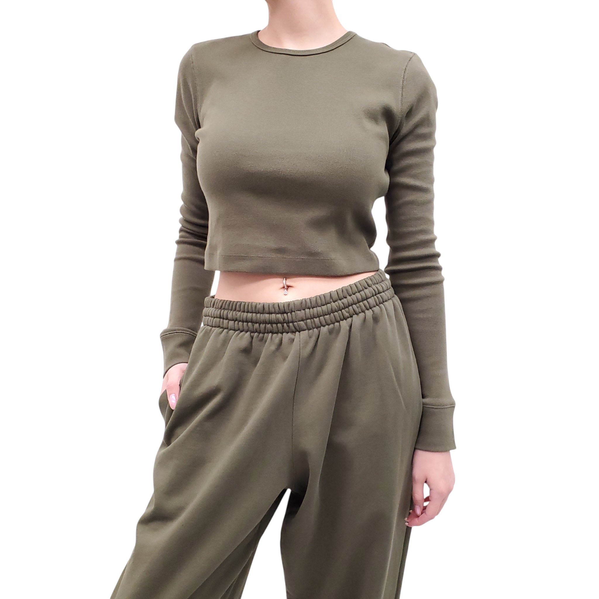 WARDROBE.NYC ARMY GREEN CROPPED LONG-SLEEVE SHIRT - SIZE L