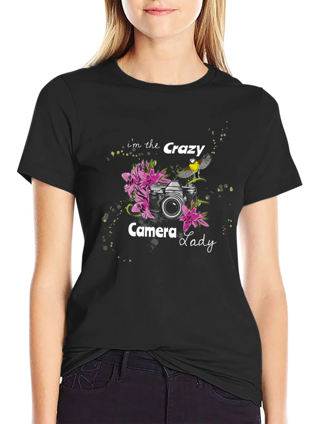 Crazy Camera Lady Black Graphic Tee