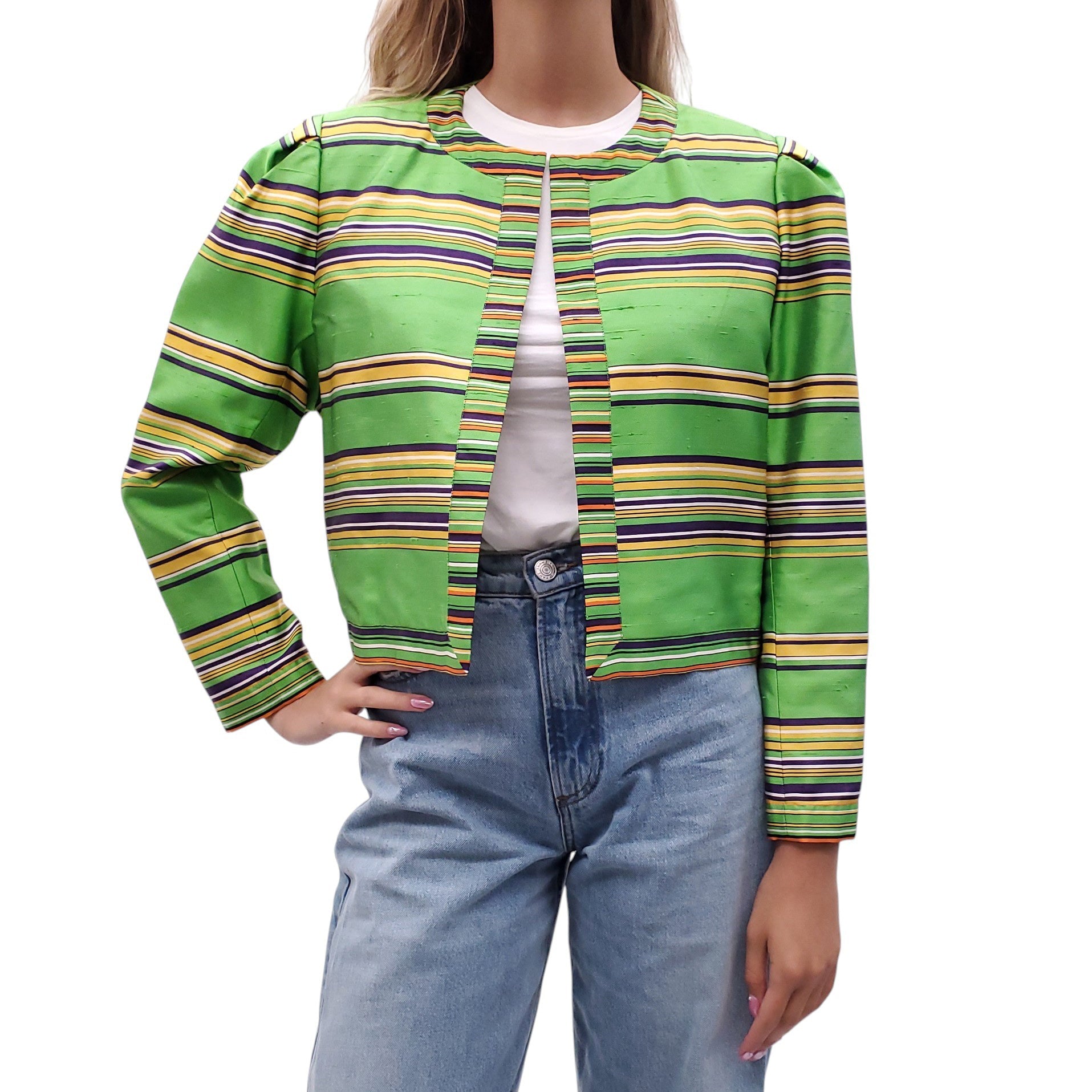 YVES SAINT LAURENT RIVE GAUCHE GREEN SATIN STRIPED BLAZER - SIZE M