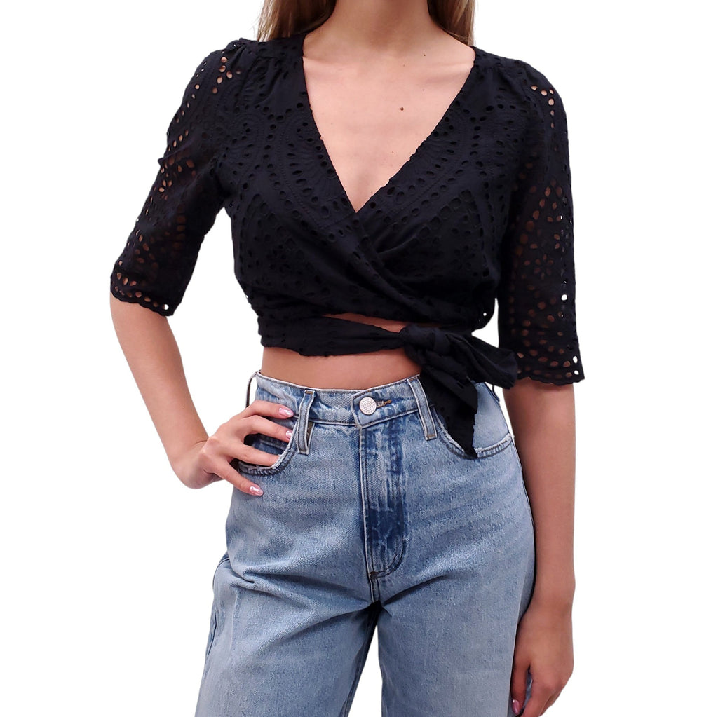 ZIMMERMANN BLACK EYELET WRAP TOP - SIZE 0 (US 4)