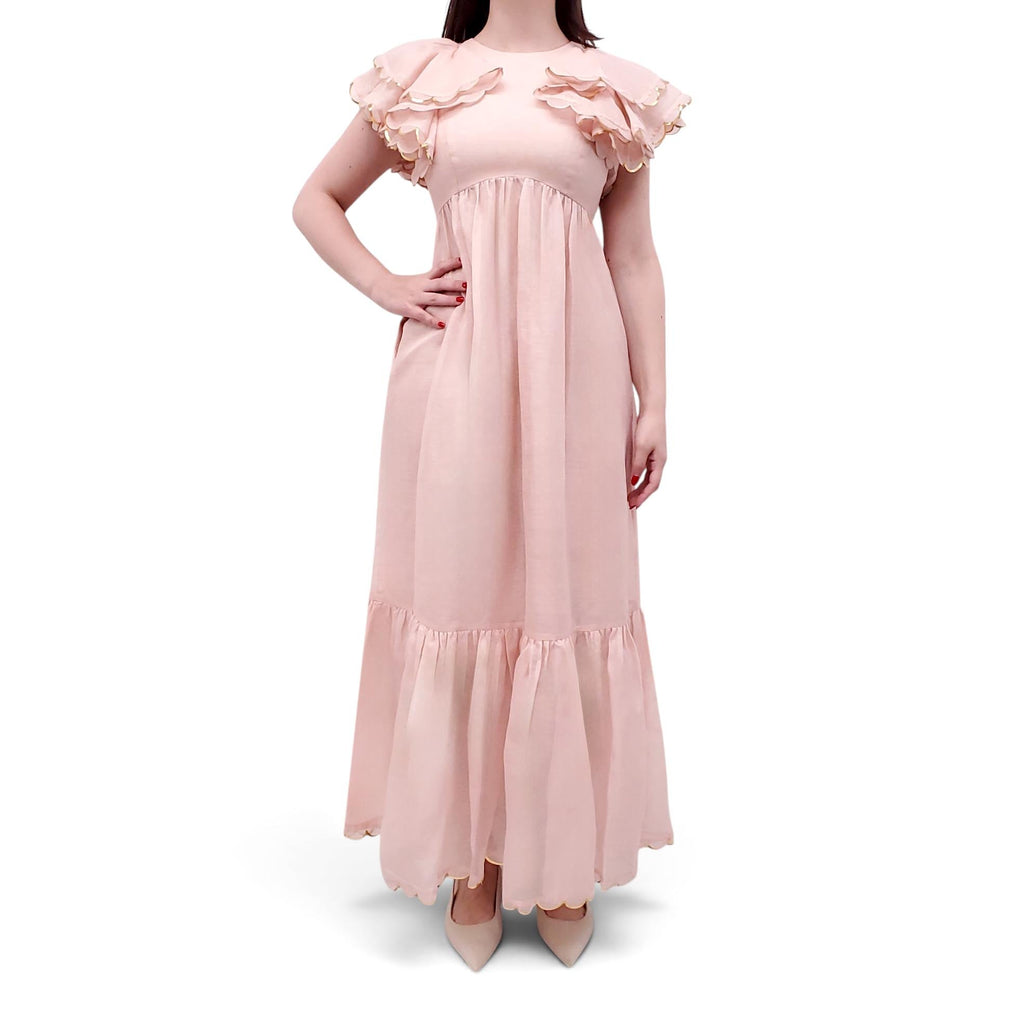 ZIMMERMANN BLUSH PINK AND GOLD 'DANCER SCALLOPED MIDI' DRESS - SIZE 1 (US 6)