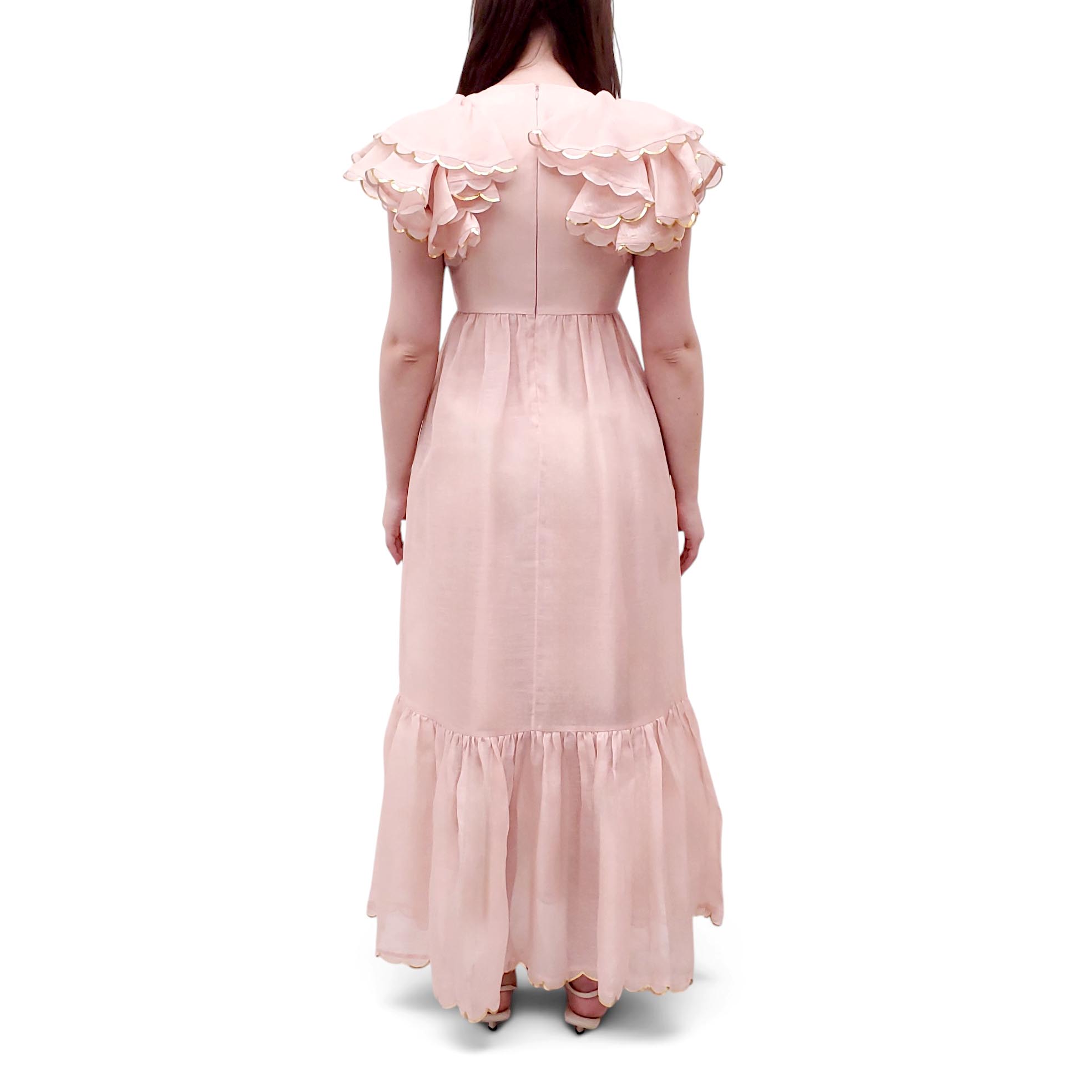 ZIMMERMANN BLUSH PINK AND GOLD 'DANCER SCALLOPED MIDI' DRESS - SIZE 1 (US 6)