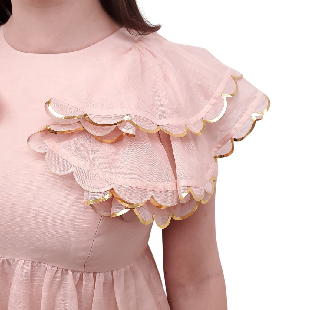 ZIMMERMANN BLUSH PINK AND GOLD 'DANCER SCALLOPED MIDI' DRESS - SIZE 1 (US 6)