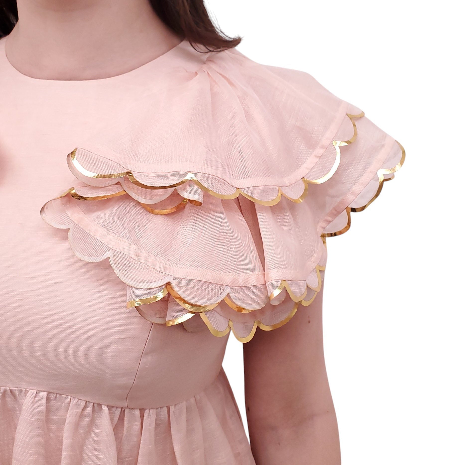ZIMMERMANN BLUSH PINK AND GOLD 'DANCER SCALLOPED MIDI' DRESS - SIZE 1 (US 6)
