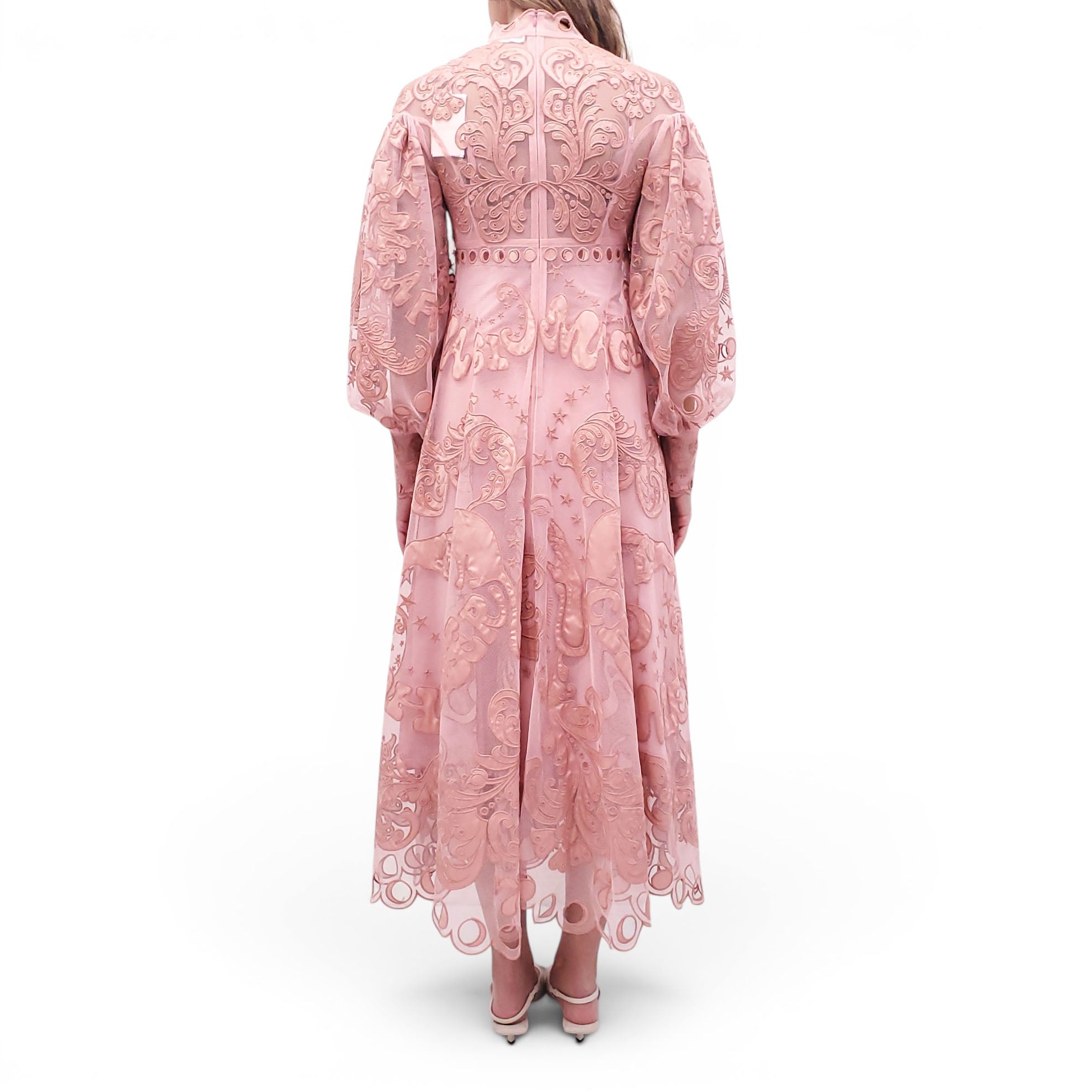 ZIMMERMANN PINK EMBROIDERED MESH 'LADYBEETLE FORTUNE TULLE' DRESS - SIZE 0 (US 4)