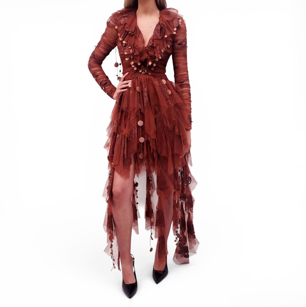 ZIMMERMANN COPPER TULLE 'KALEIDOSCOPE HANDKERCHIEF MINI' DRESS - SIZE 0 (US 4)