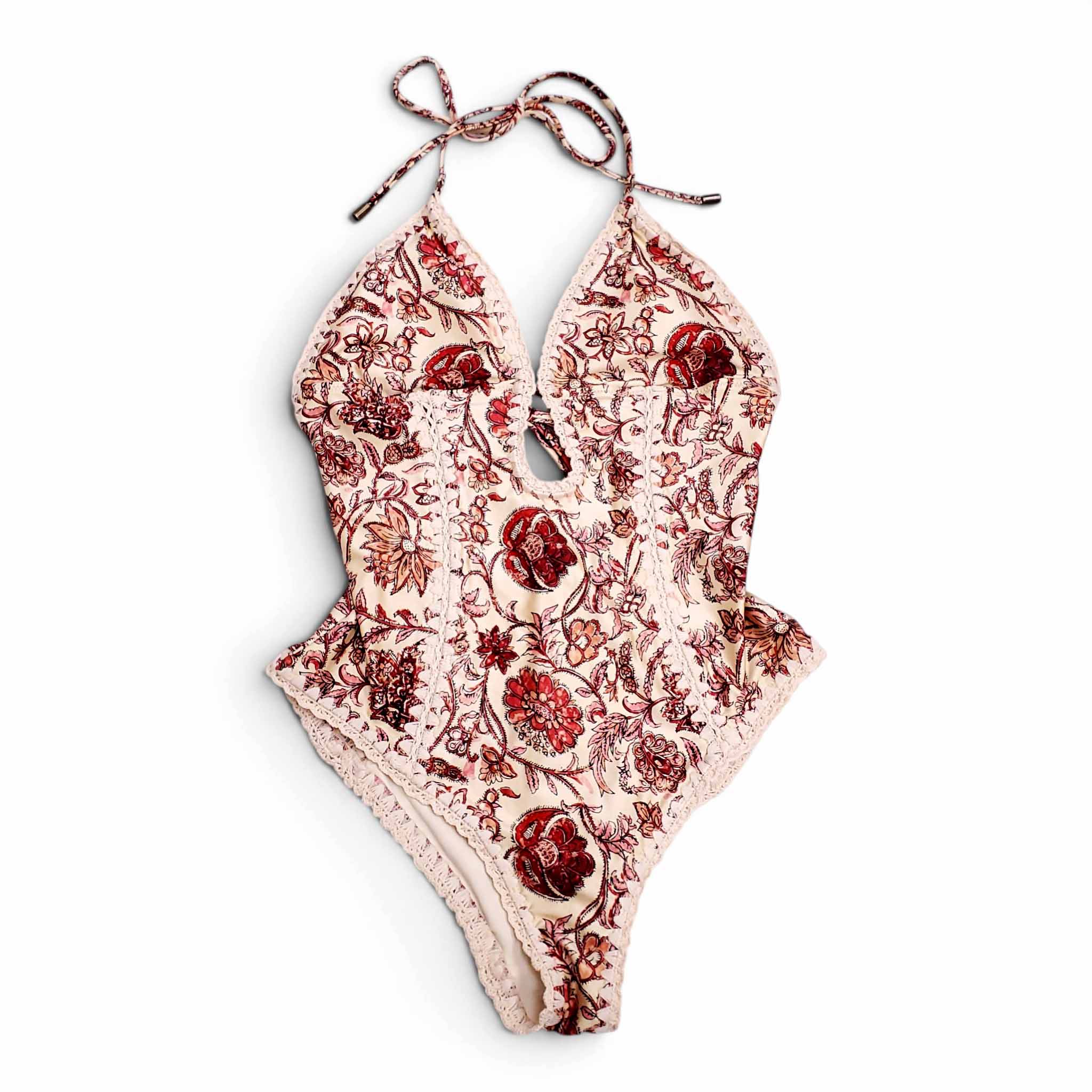 ZIMMERMANN CREAM AND RED 'VITALI KEYHOLE CROCHET' ONE-PIECE SWIMSUIT - SIZE 2 (US 8)
