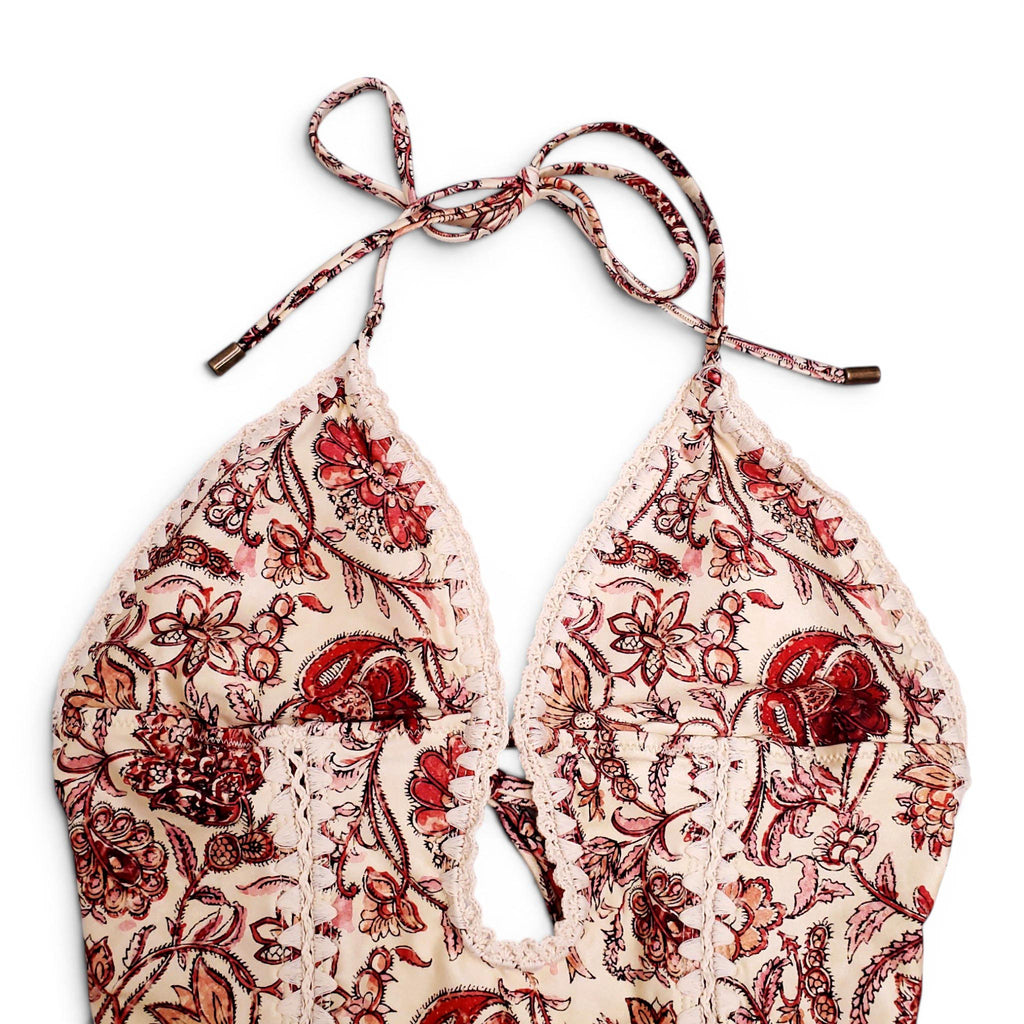 ZIMMERMANN CREAM AND RED 'VITALI KEYHOLE CROCHET' ONE-PIECE SWIMSUIT - SIZE 2 (US 8)