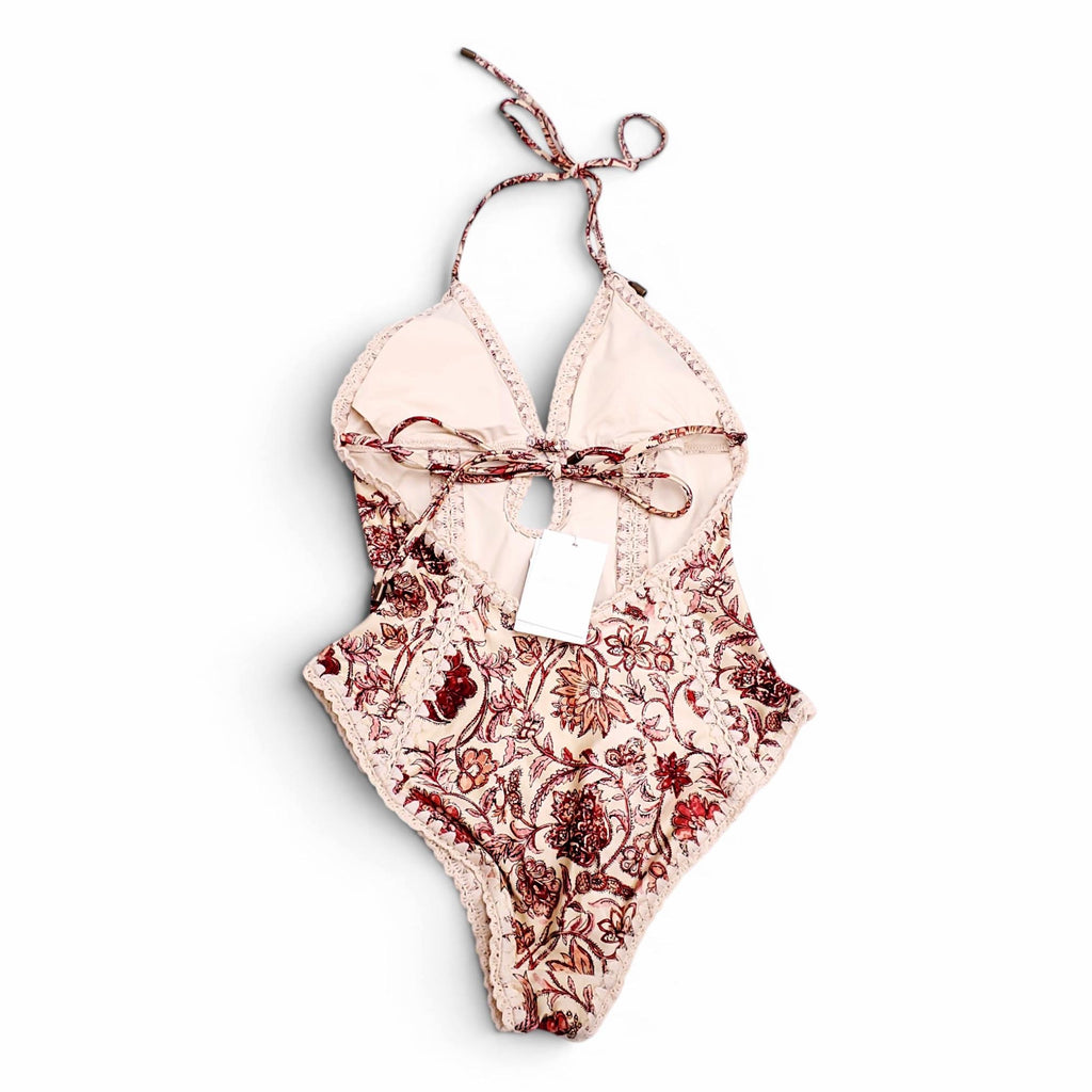 ZIMMERMANN CREAM AND RED 'VITALI KEYHOLE CROCHET' ONE-PIECE SWIMSUIT - SIZE 2 (US 8)
