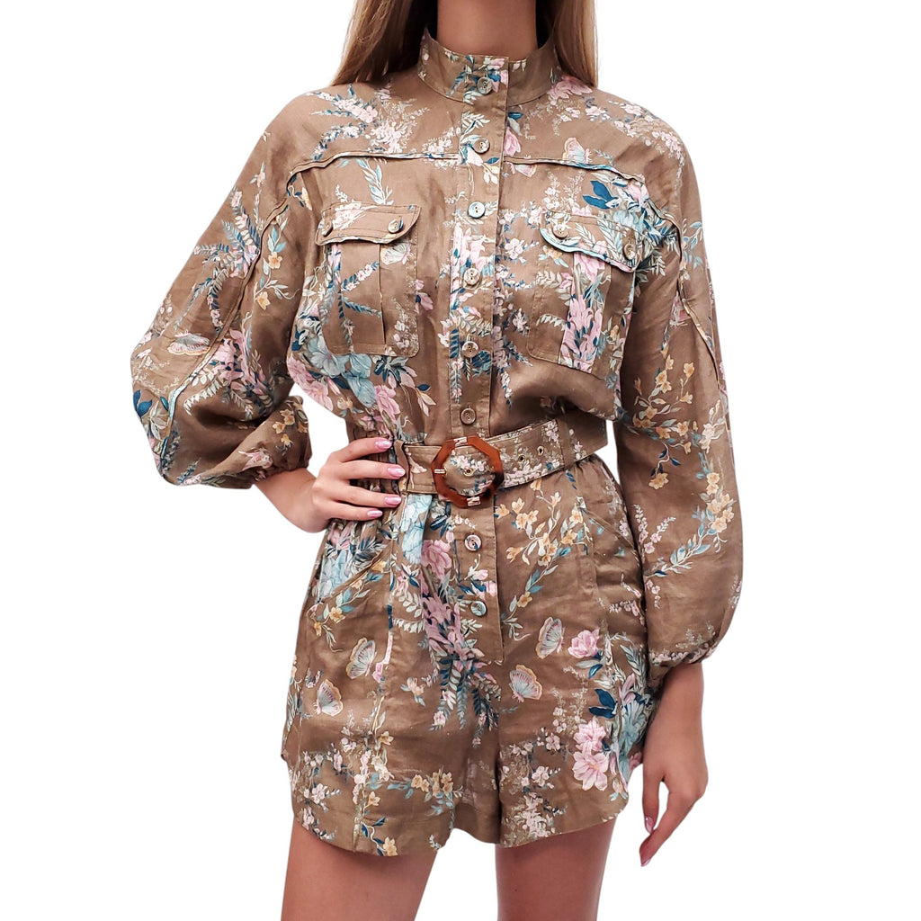 ZIMMERMANN KHAKI, BLUE, AND PINK FLORAL LINEN ROMPER - SIZE 1 (US 6)