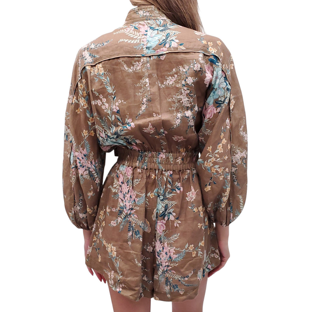 ZIMMERMANN KHAKI, BLUE, AND PINK FLORAL LINEN ROMPER - SIZE 1 (US 6)