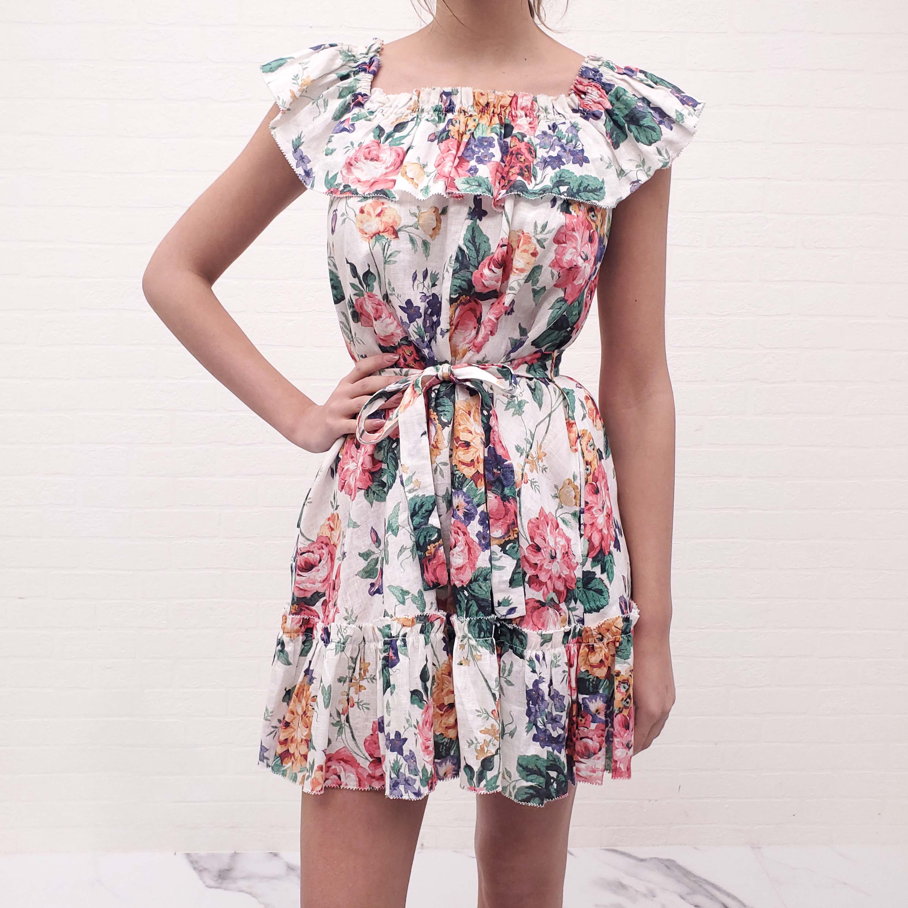 ZIMMERMANN MULTICOLOURED FLORAL LINEN DRESS WITH BELT - SIZE 1 (US 4)