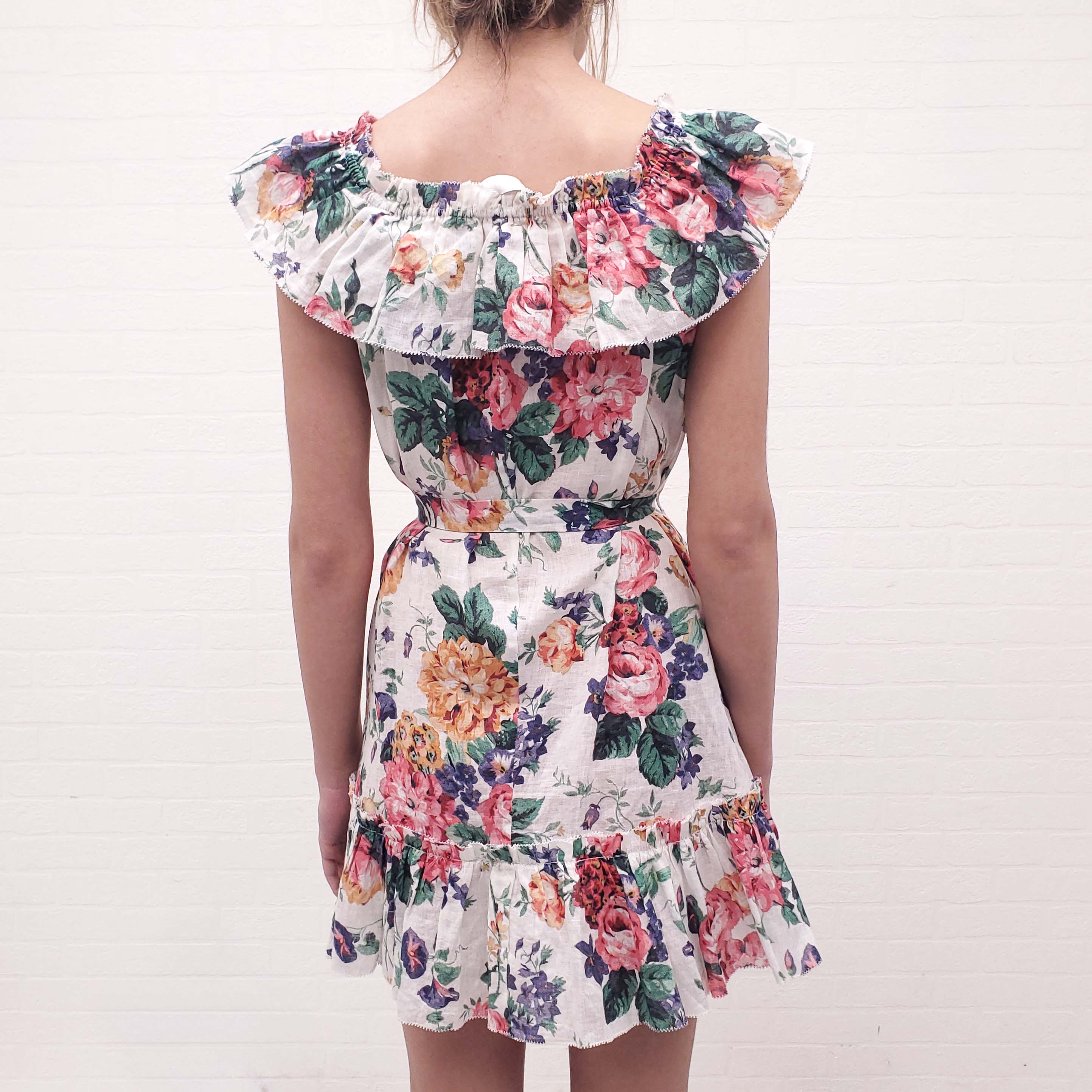 ZIMMERMANN MULTICOLOURED FLORAL LINEN DRESS WITH BELT - SIZE 1 (US 4)