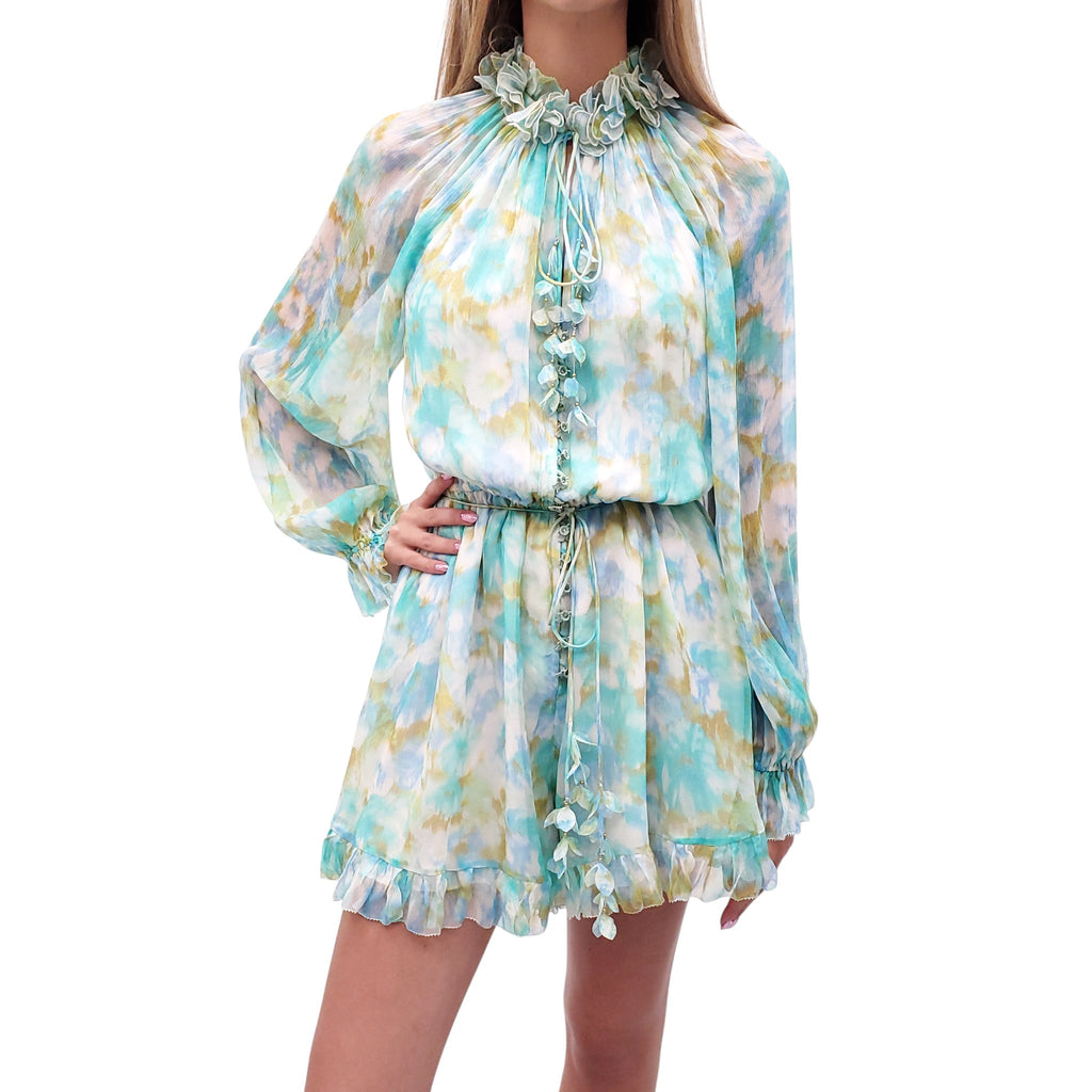 ZIMMERMANN TURQUOISE FLORAL SILK ROMPER - SIZE 1 (US 6)
