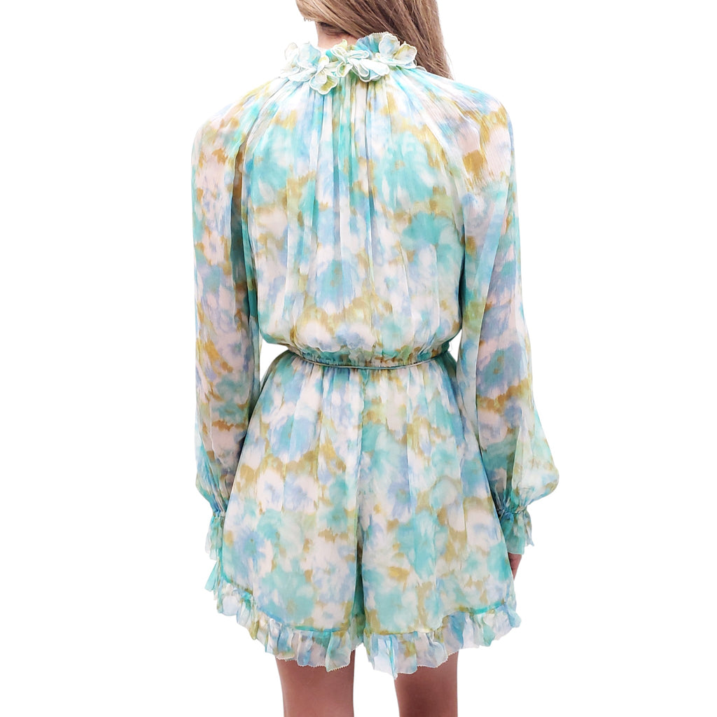 ZIMMERMANN TURQUOISE FLORAL SILK ROMPER - SIZE 1 (US 6)