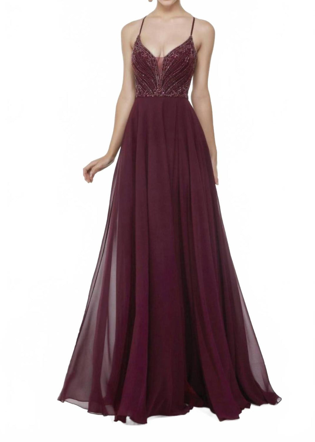 A-Line Plunging Neckline Gown In Black Cherry