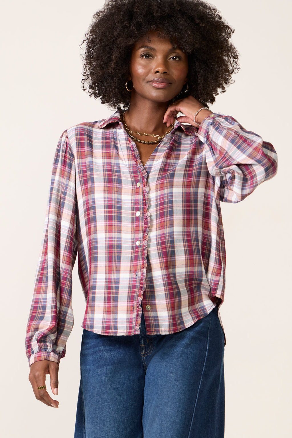 Women's Plaid Ruffle Button Down Shirt