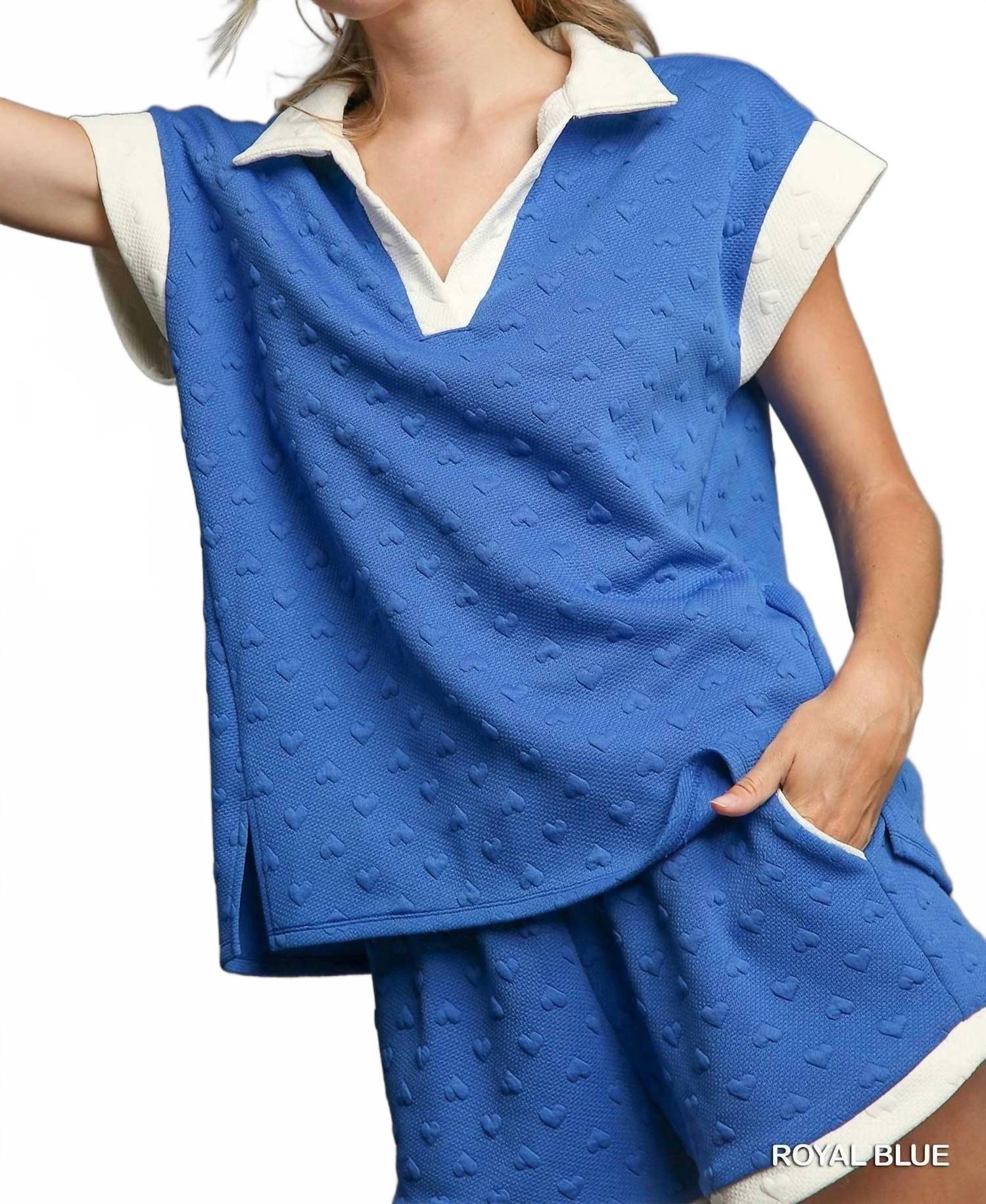 Heart Knit Jacquard Top With Contrast Trim In Blue