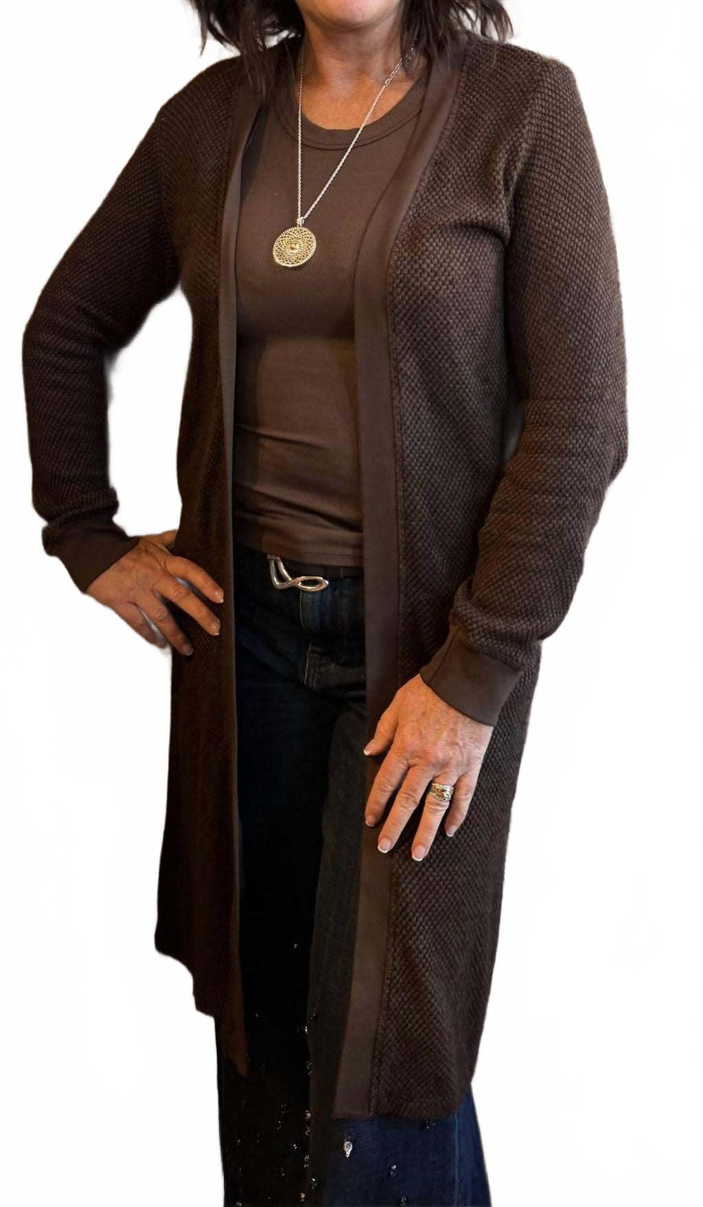 Adeline Sweater Midi Length Cardigan In Mahogany