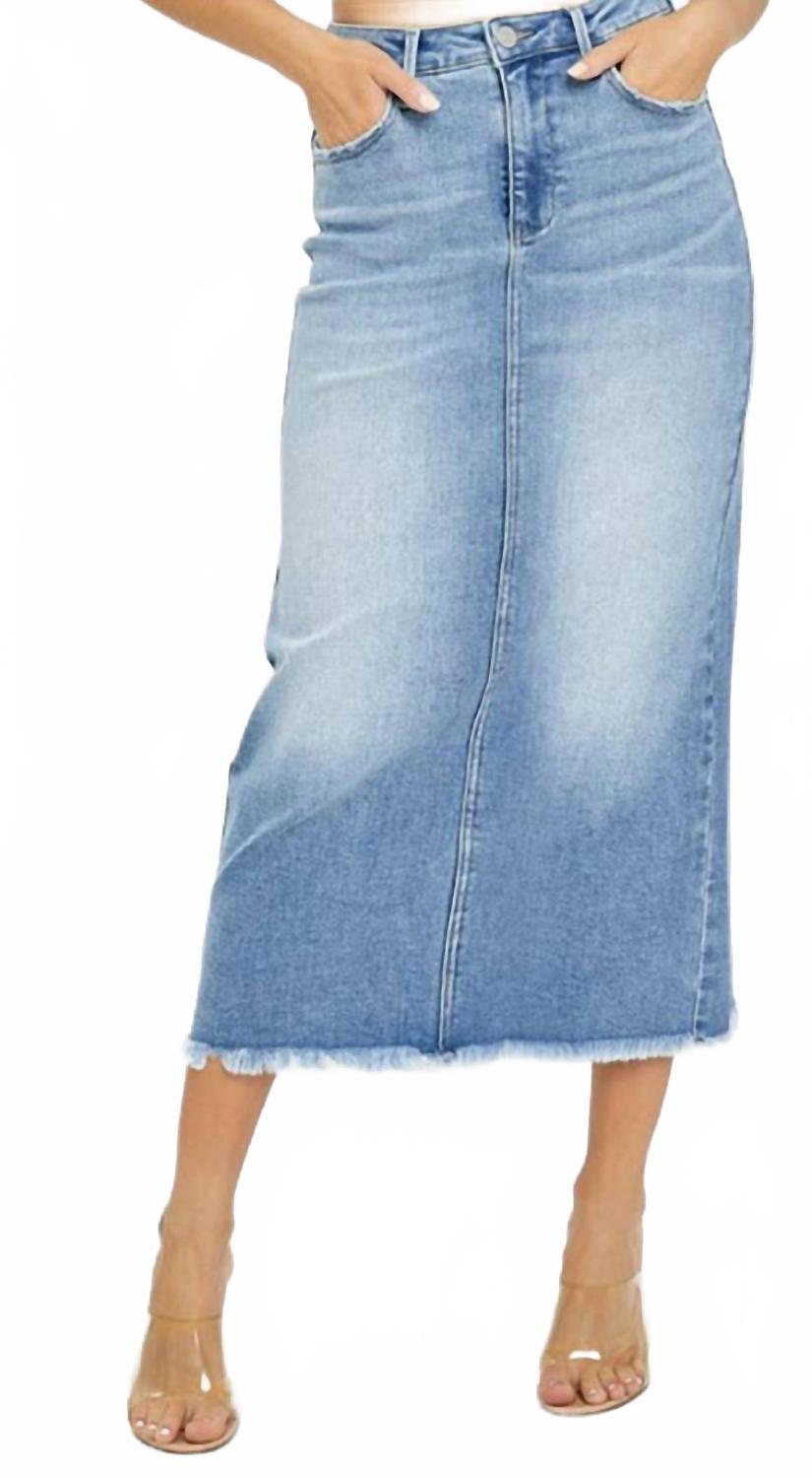 Women's High-Rise Frayed Long Pencil Skirt In Medium Denim