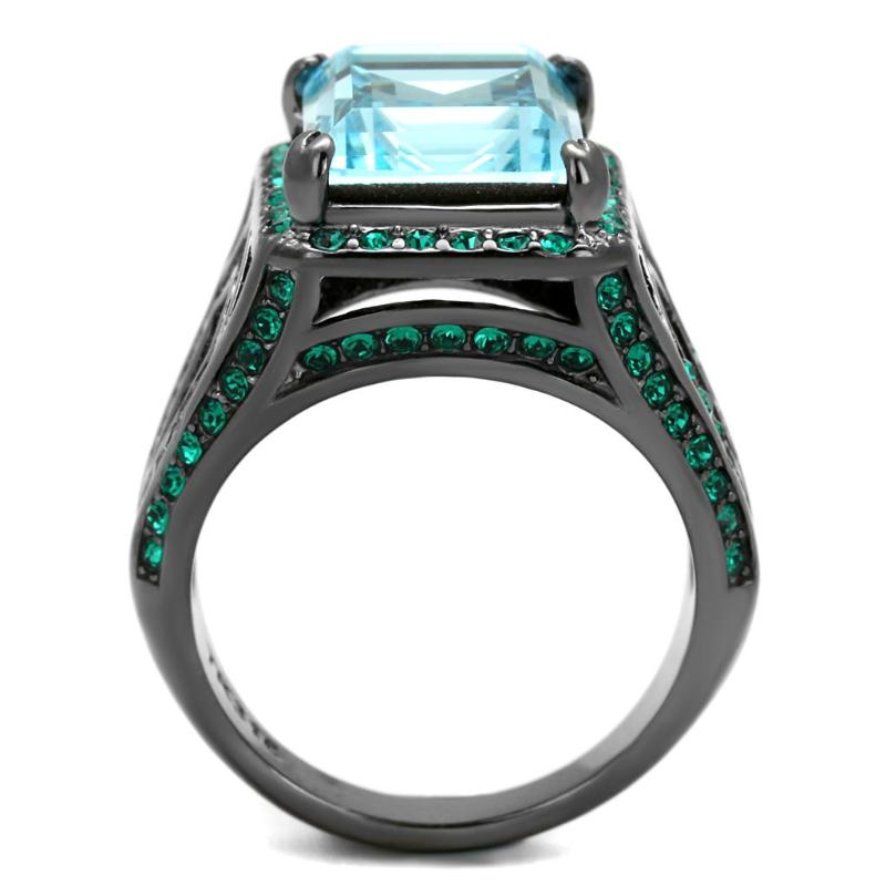 IP Light Black Stainless Steel Ring with Top Grade Crystal in Sea Blue