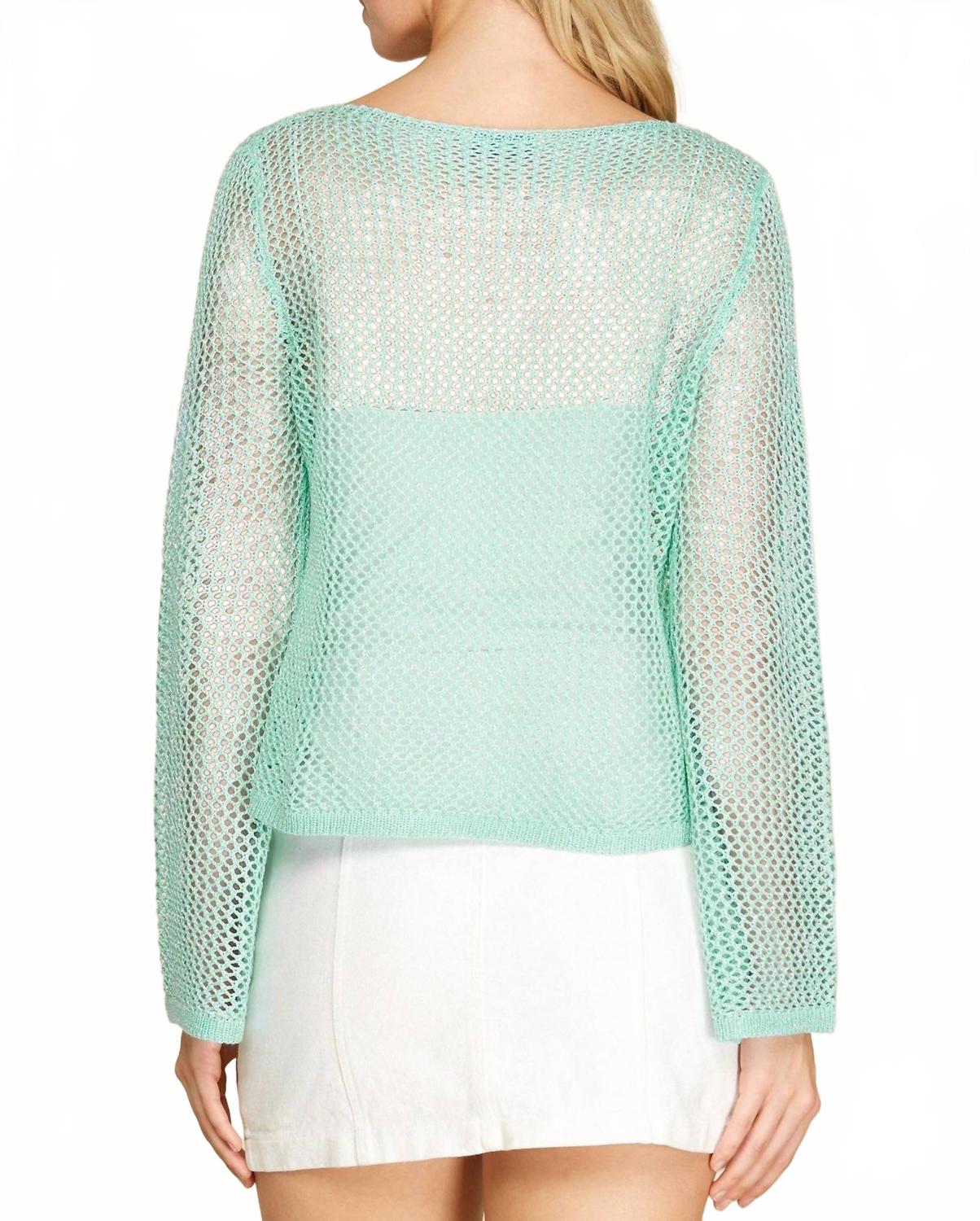 Open-Knit Metallic Thread Sweater Top In Aqua