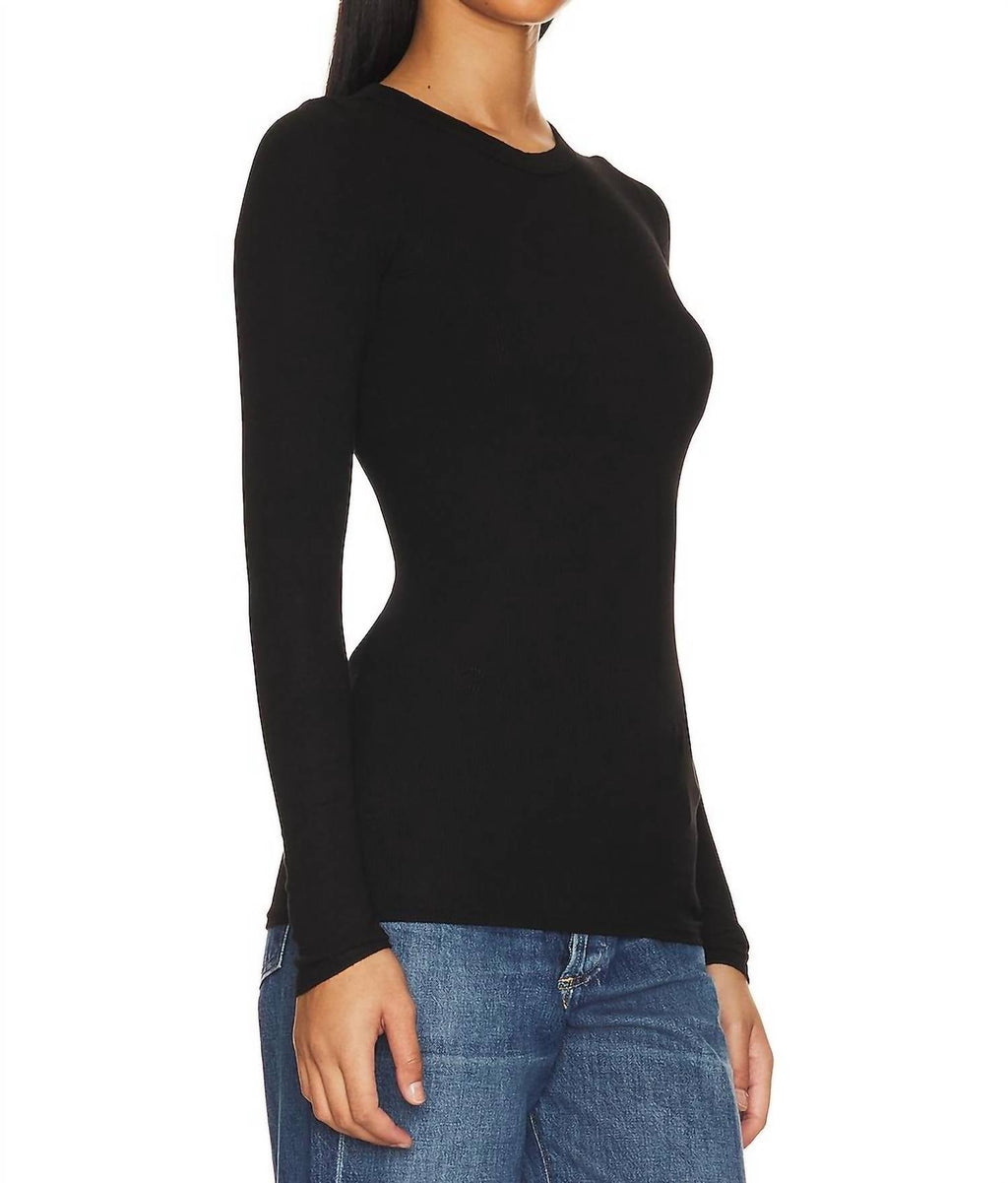 Slit Neck Long Sleeve Crew Top In Black
