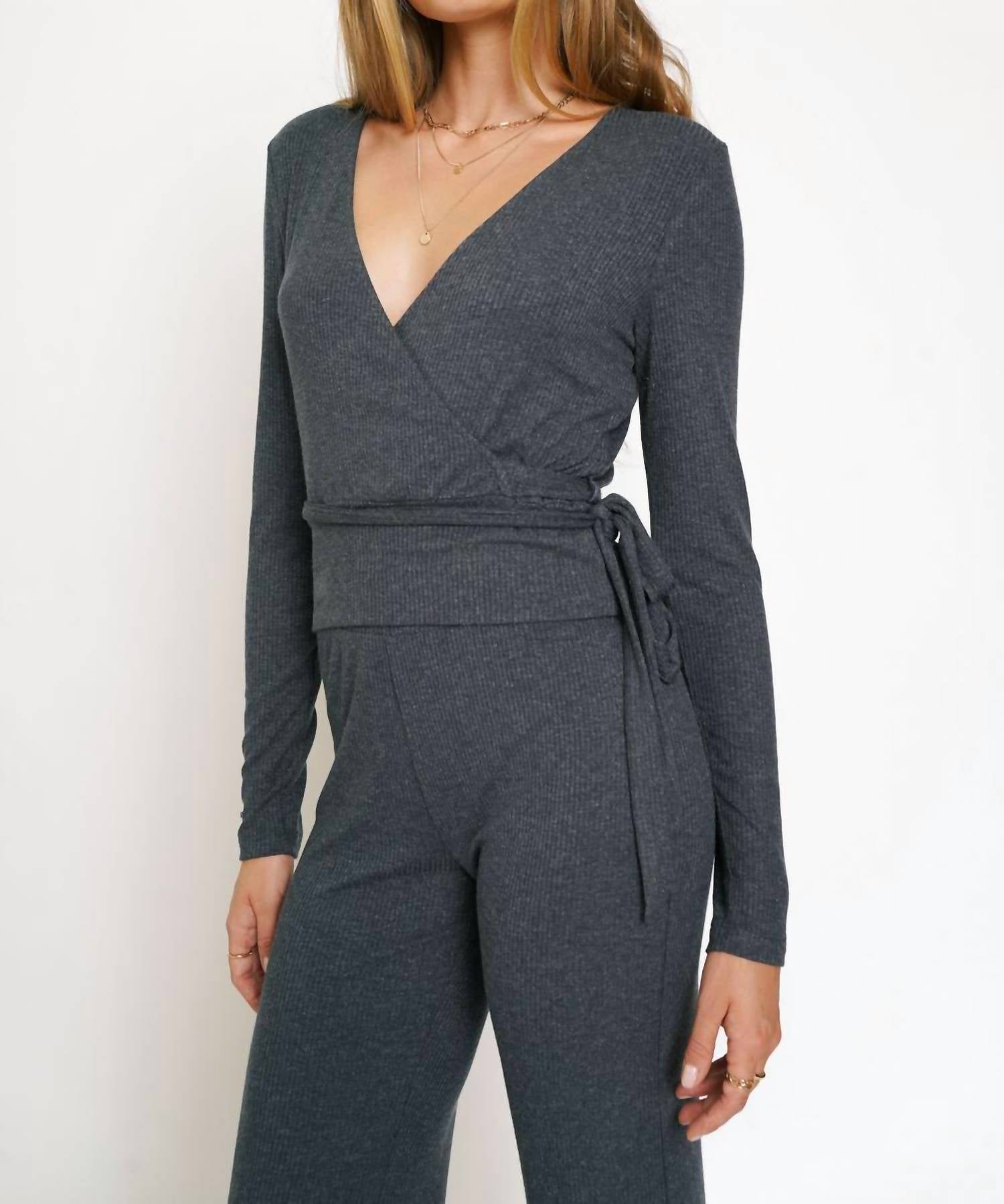 Wrap Tie Front Long Sleeve Rib Top In Deep Blue