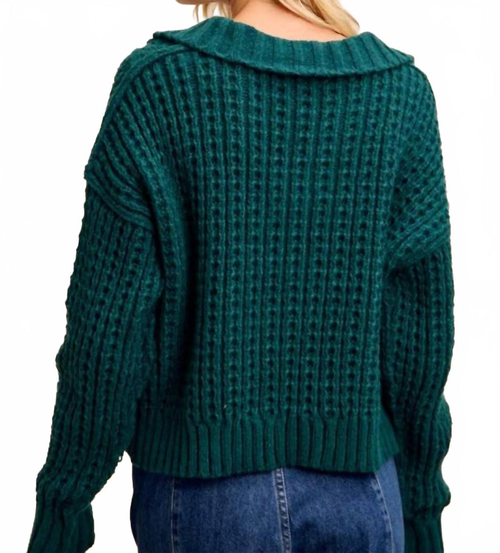 Diamond Patterned Collared Sweater Top In Hunter