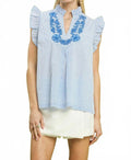Embroidered Ruffle Sleeve Top In Blue