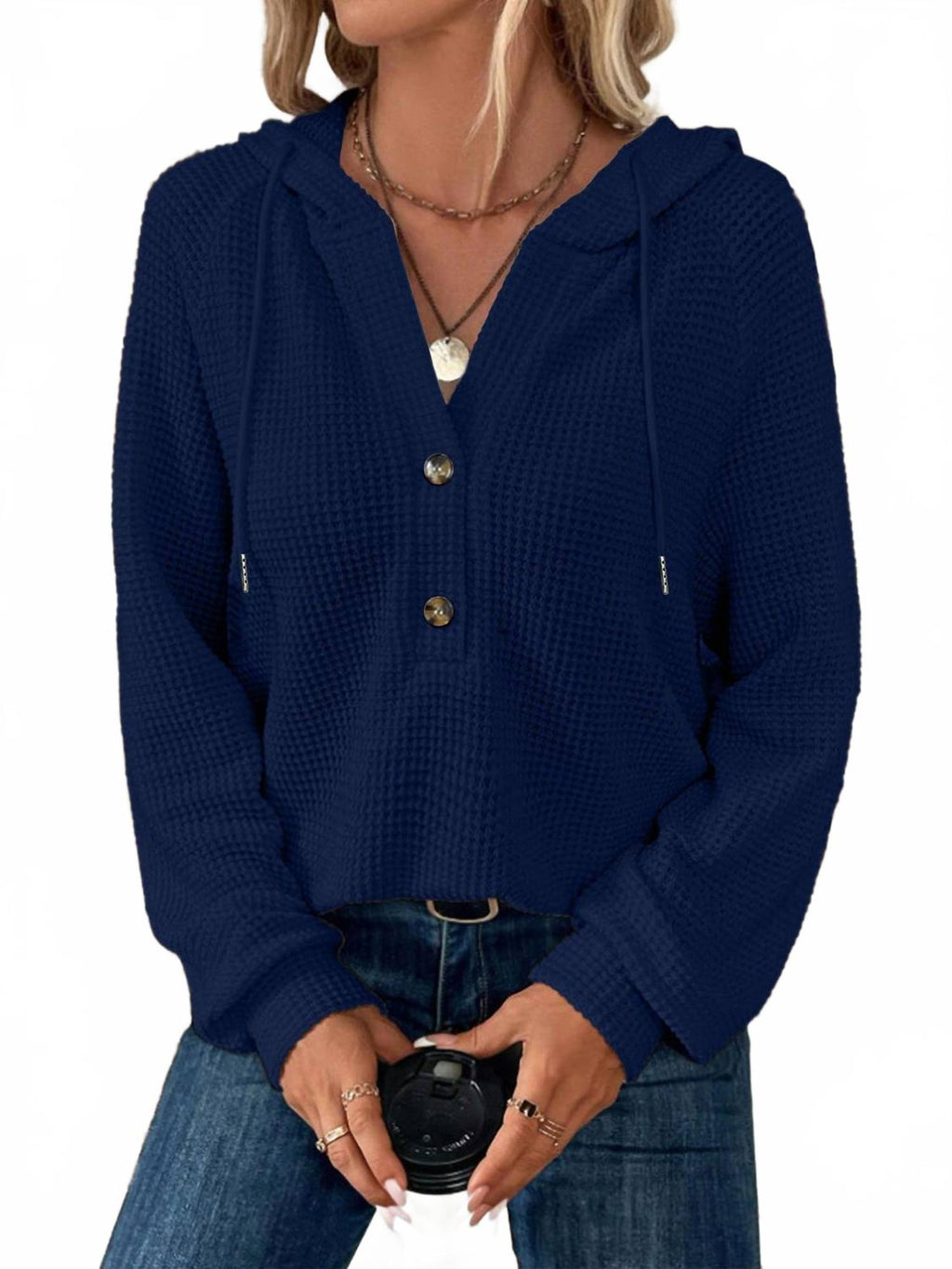 Waffle Button-Up Hoodie Pullover In Navy
