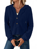 Waffle Button-Up Hoodie Pullover In Navy
