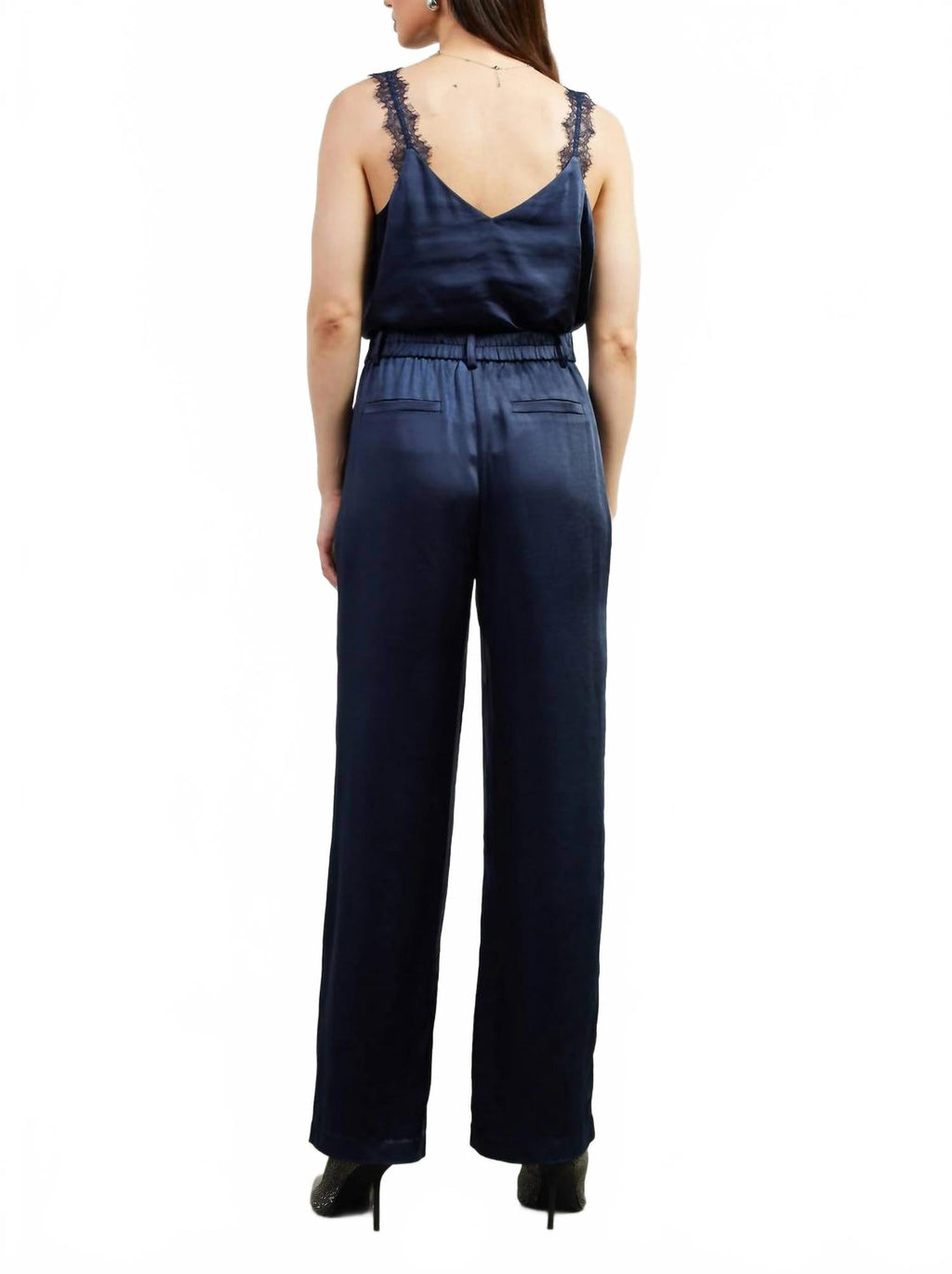 Dull Satin Elastic Back Trouser In Navy
