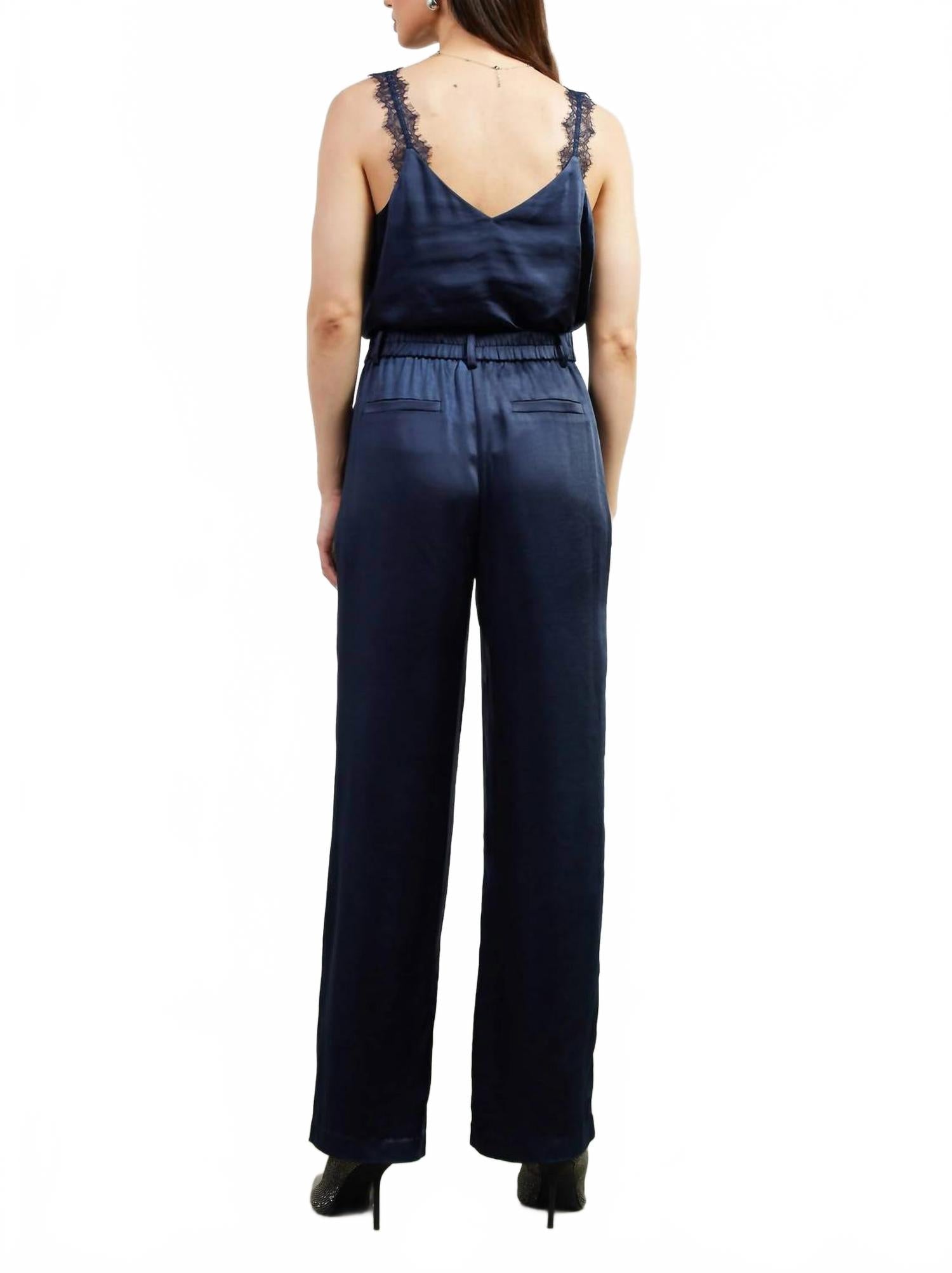 Dull Satin Elastic Back Trouser In Navy