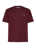 Brunello Cucinelli Men Burgundy Cotton Jersey Logo Crewneck T-Shirt