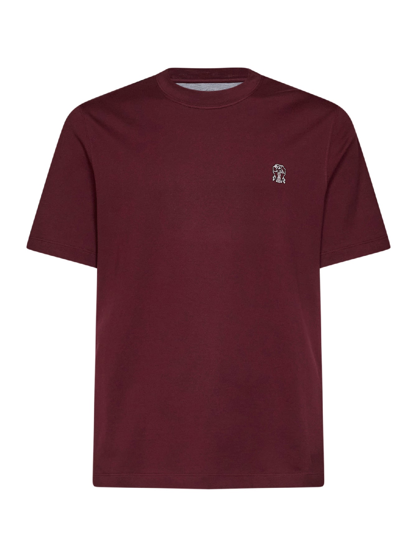 Brunello Cucinelli Men Burgundy Cotton Jersey Logo Crewneck T-Shirt