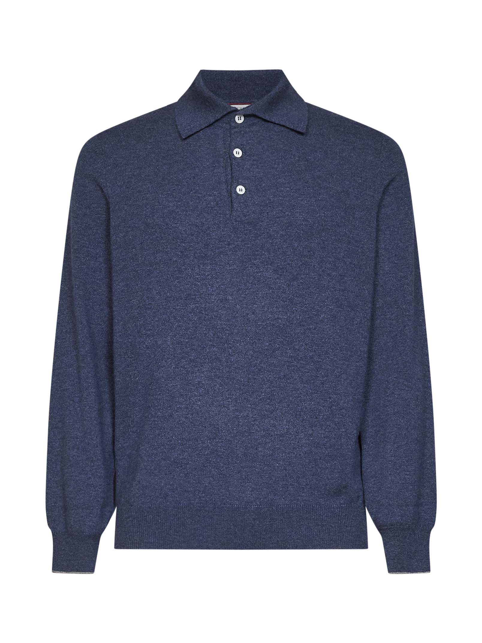 Brunello Cucinelli Men Denim Cashmere Knit Polo Shirt