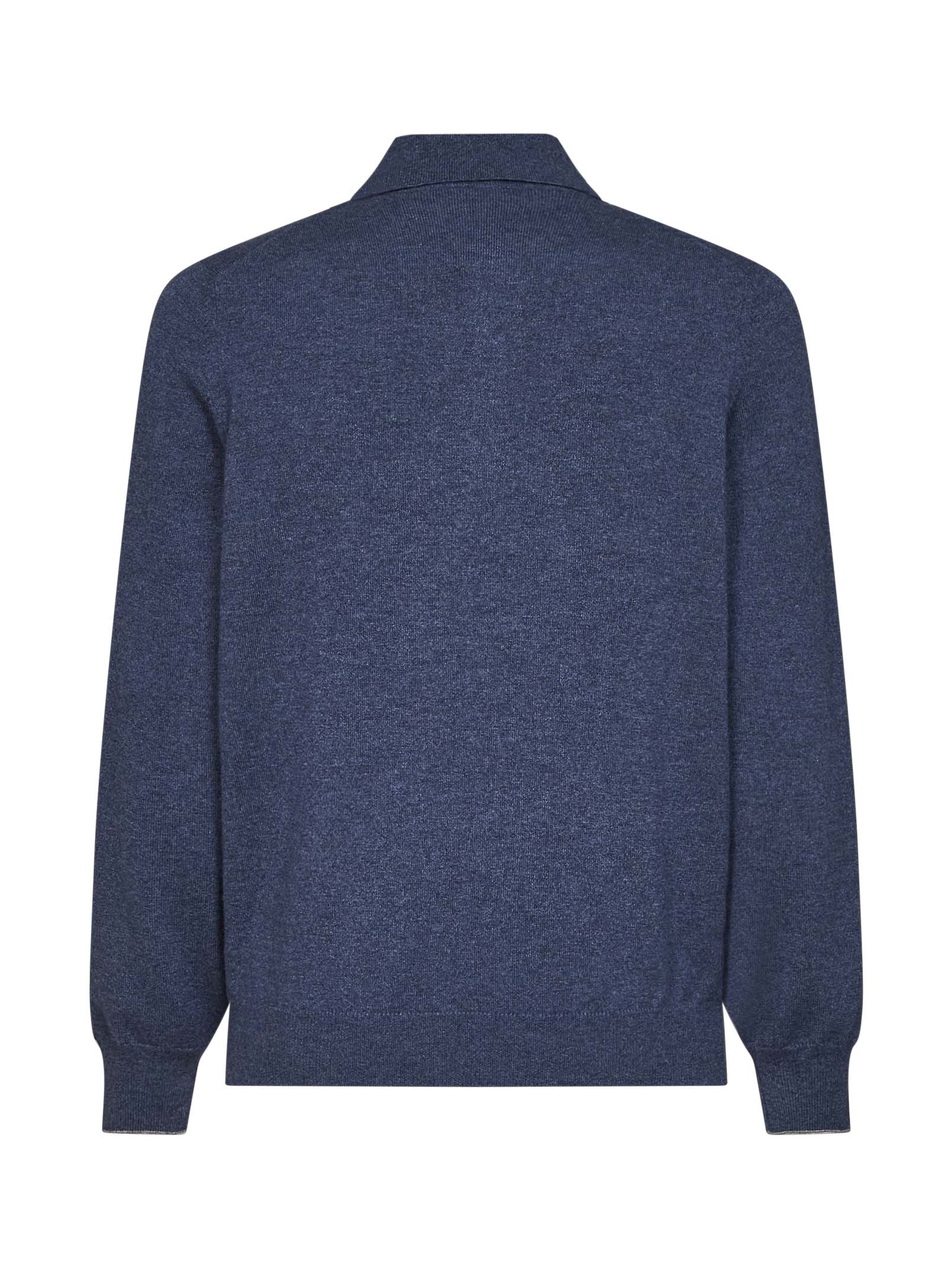 Brunello Cucinelli Men Denim Cashmere Knit Polo Shirt