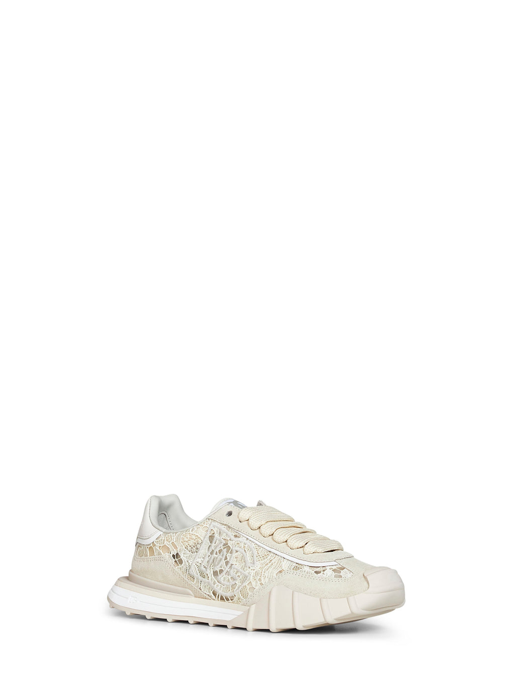 Dolce & Gabbana Women Beige And Chalk Lace And Calf Suede Low-Top Sneakers