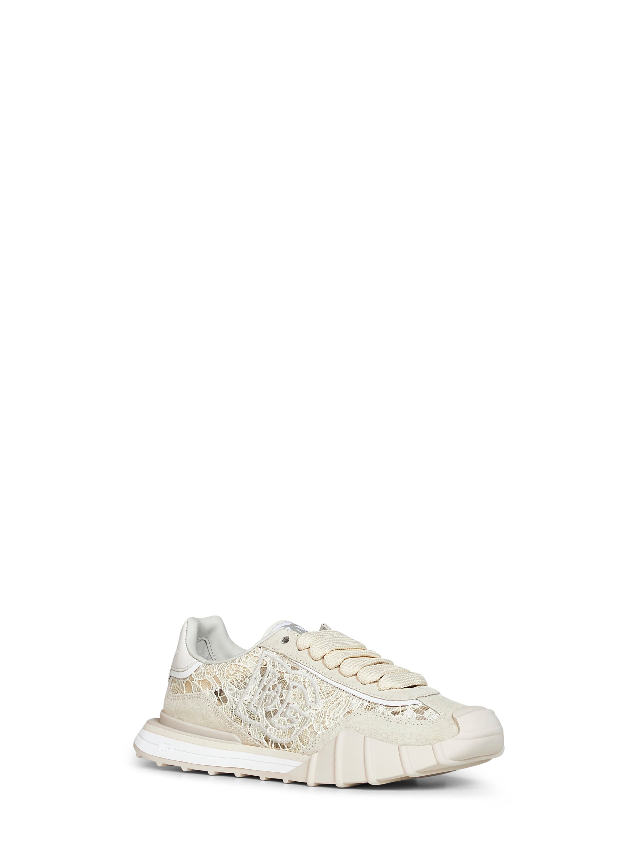 Dolce & Gabbana Women Beige And Chalk Lace And Calf Suede Low-Top Sneakers