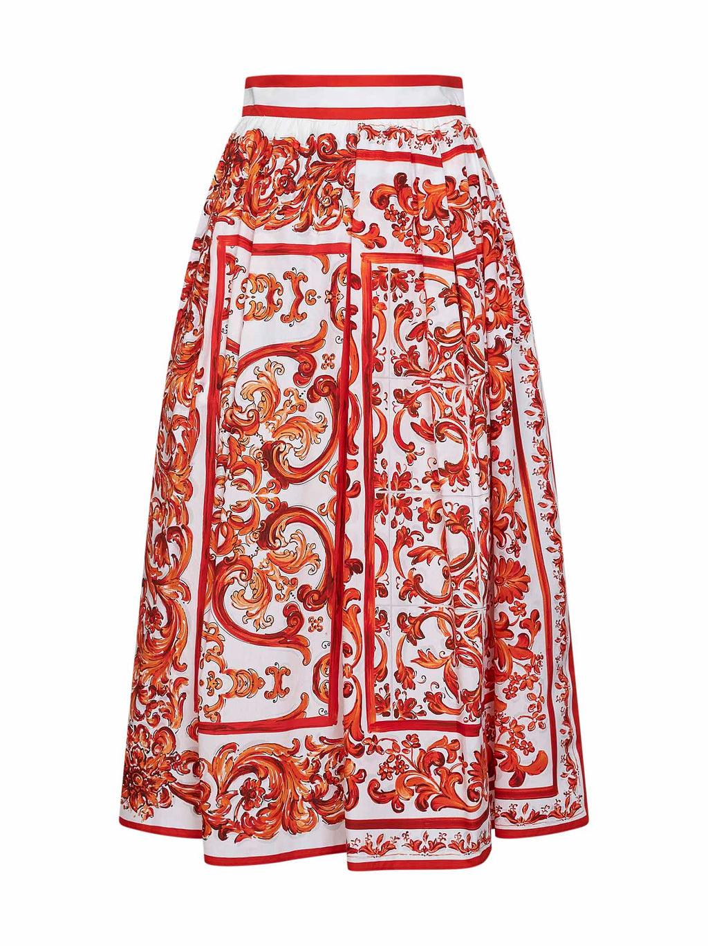 Dolce & Gabbana Women Orange Maiolica-Print Pleated Poplin Midi Skirt
