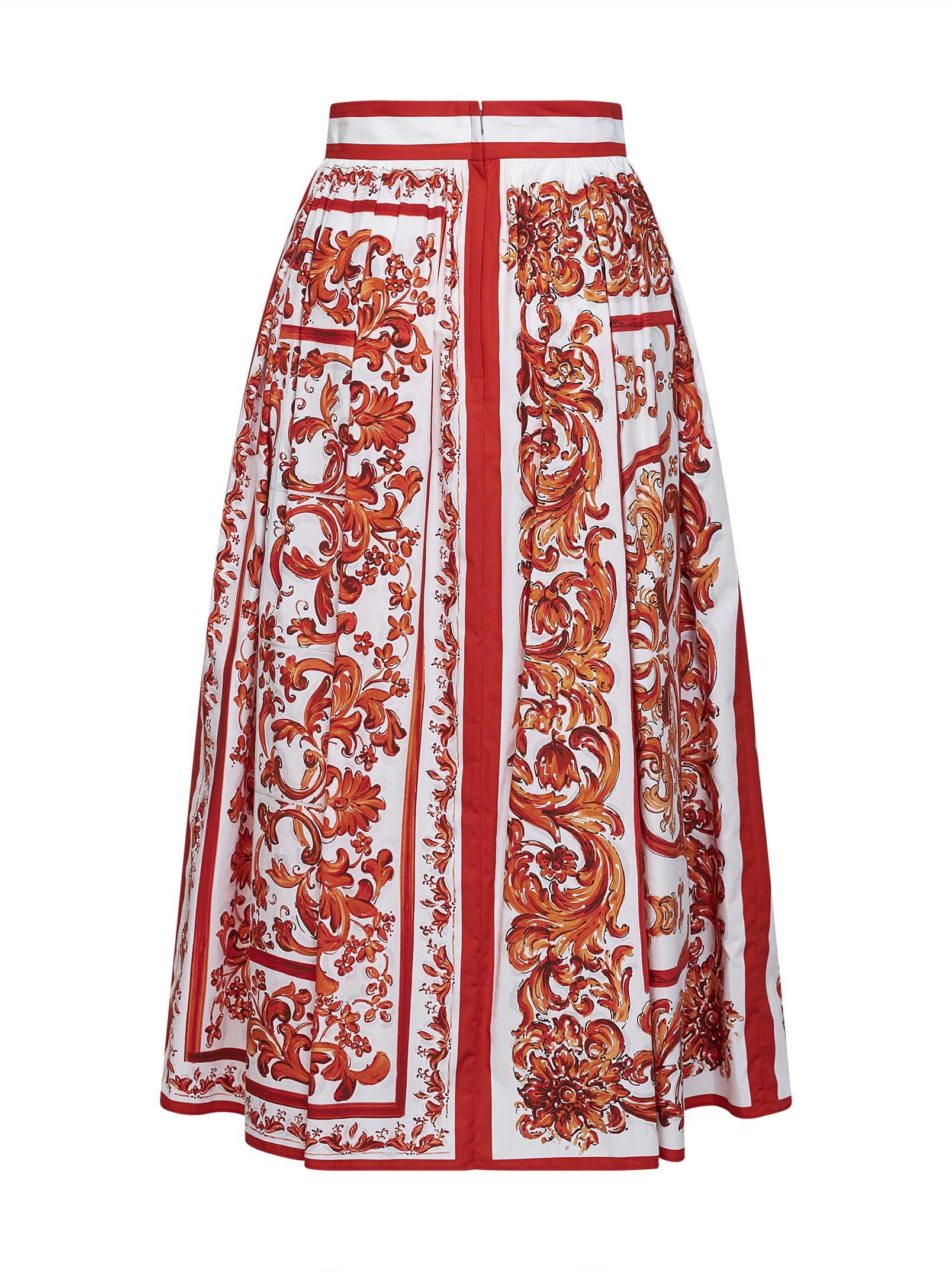 Dolce & Gabbana Women Orange Maiolica-Print Pleated Poplin Midi Skirt