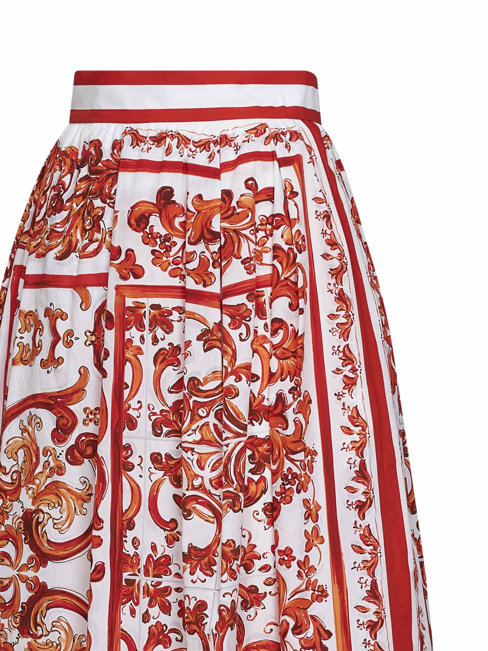 Dolce & Gabbana Women Orange Maiolica-Print Pleated Poplin Midi Skirt