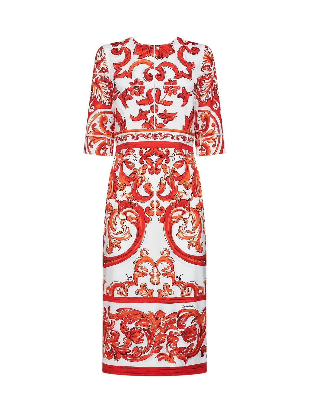 Dolce & Gabbana Women Orange Maiolica-Print Stretch Silk Charmeuse Midi Dress