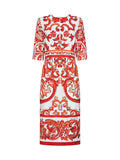 Dolce & Gabbana Women Orange Maiolica-Print Stretch Silk Charmeuse Midi Dress