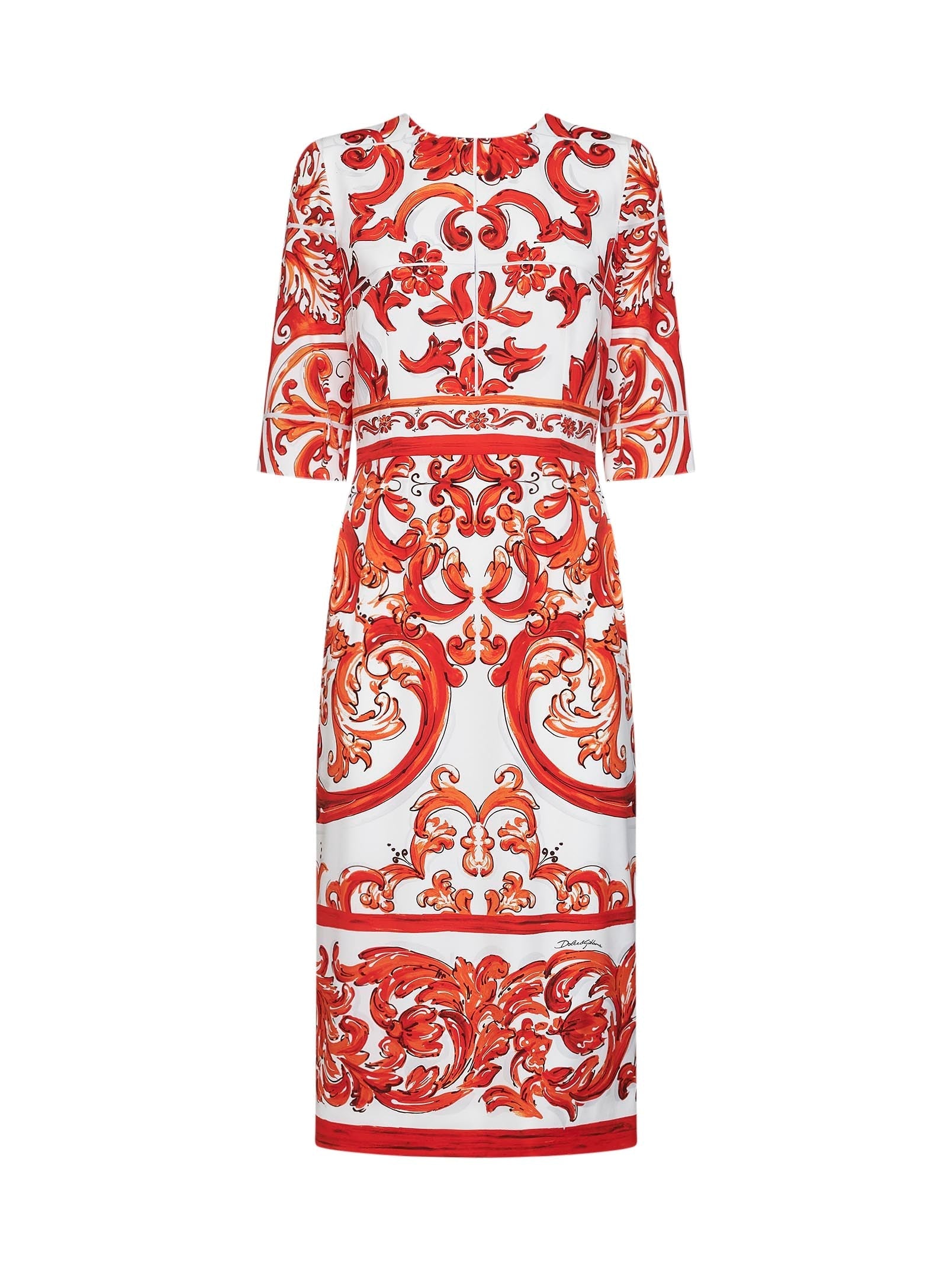Dolce & Gabbana Women Orange Maiolica-Print Stretch Silk Charmeuse Midi Dress