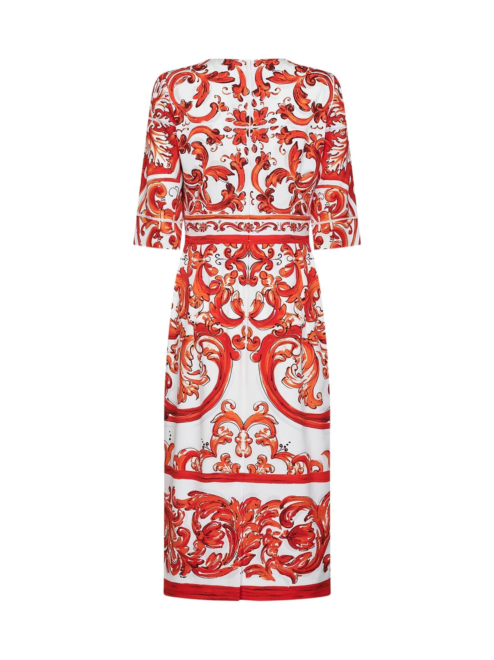 Dolce & Gabbana Women Orange Maiolica-Print Stretch Silk Charmeuse Midi Dress