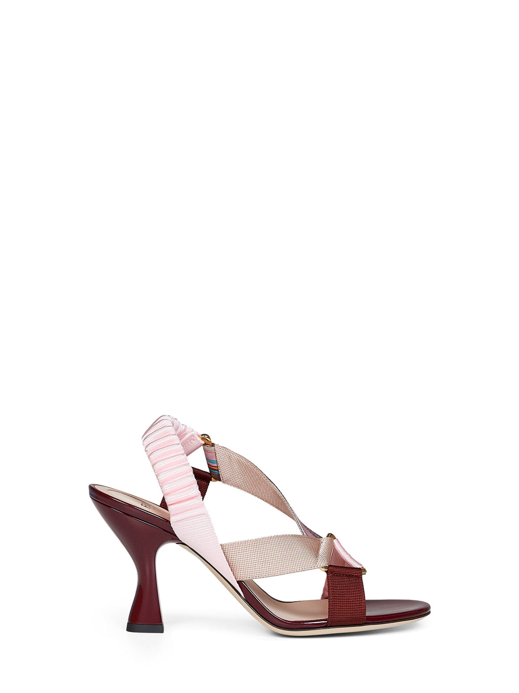 Fendi Women Burgundy Leather And Multicolor Fabric Colibrì Iconic Sandals