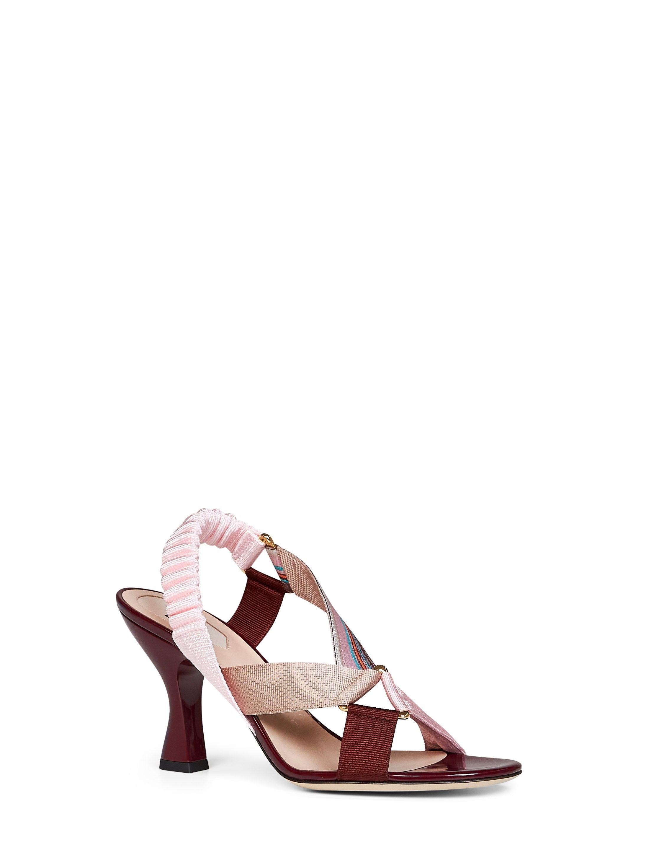 Fendi Women Burgundy Leather And Multicolor Fabric Colibrì Iconic Sandals